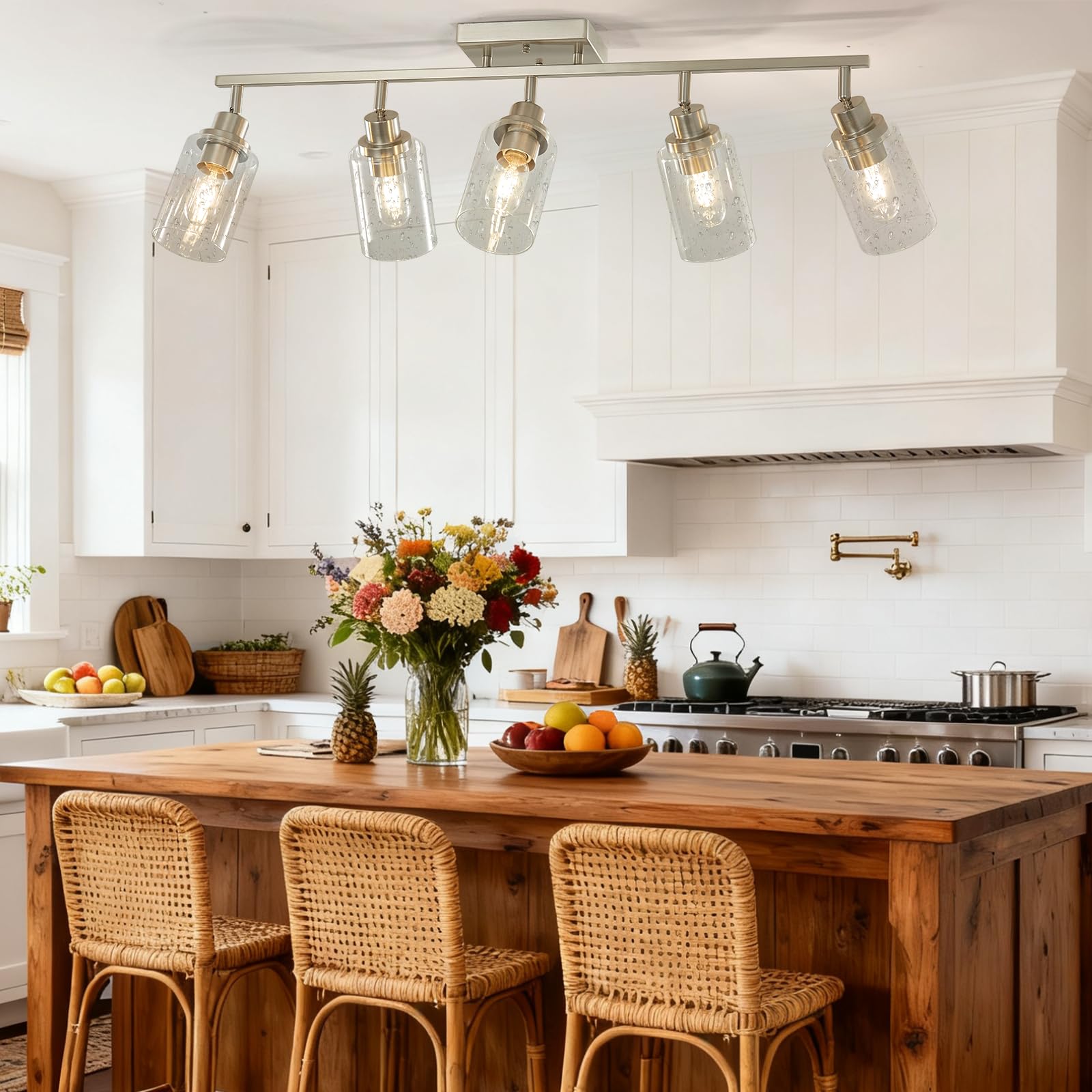 LOUSACE 5-Light Brushed Nickel Track Lighting Fixtures Ceiling Mount Spotlights with Seeded Glass Shade, Modern Bathroom Tracking Vanity Lights for Hallway Kitchen