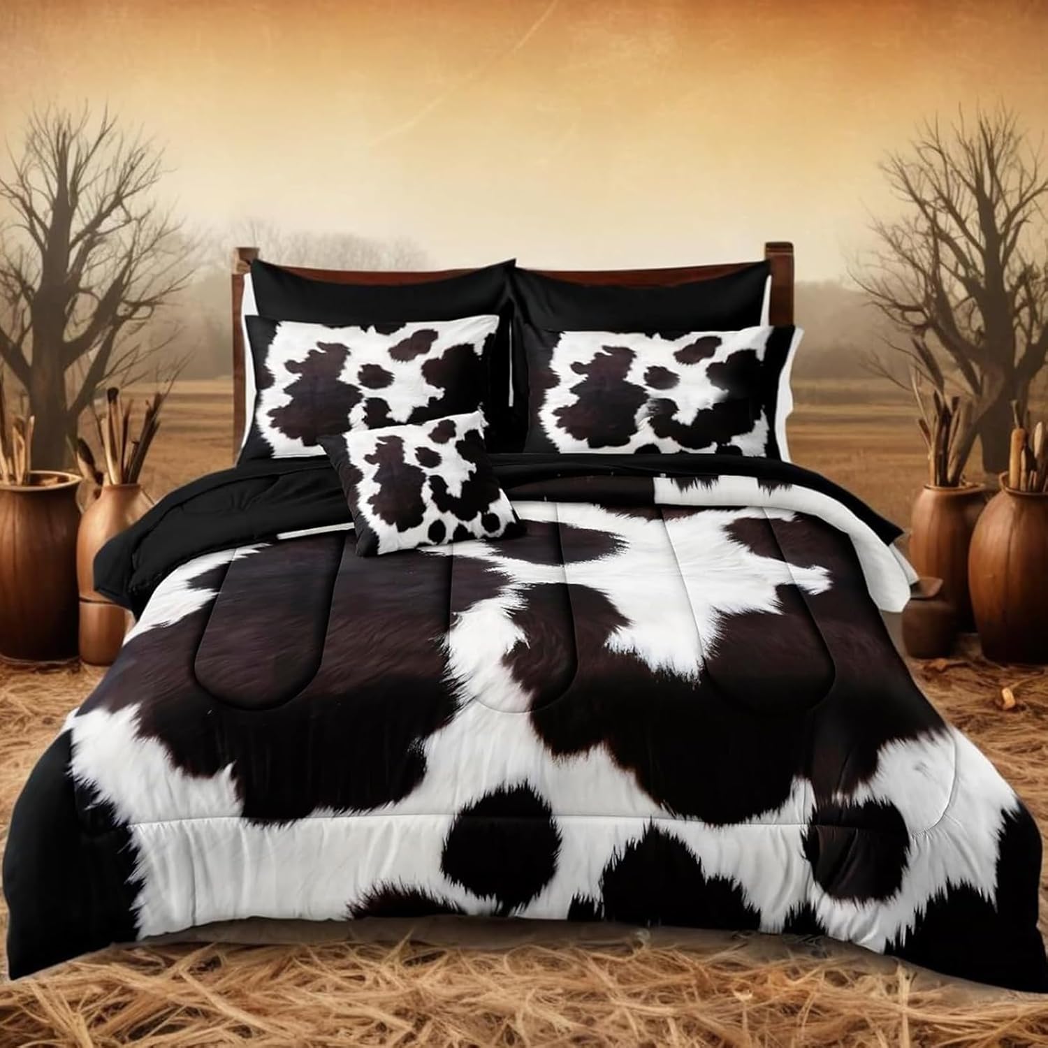 Bedbay Cowhide Comforter Set Queen Size Bed in a Bag Set Boys Girls Western Farmhouse Cow Print Bedding Set Black White Brown Cowhide Printed Rustic Bedding Comforter 8 Pieces (Cow Print,Queen) - Image 9