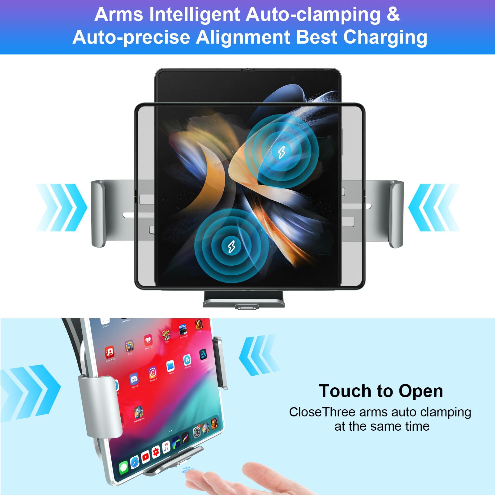 Dual Coils Cargador de Coche Inalámbrico Rápido para 15W QC 3.0 Qi Wireless Car Charger Soporte con Bloqueo Automático Rápida Salida de Aire para Samsung Galaxy Z Fold 5/4/3/2