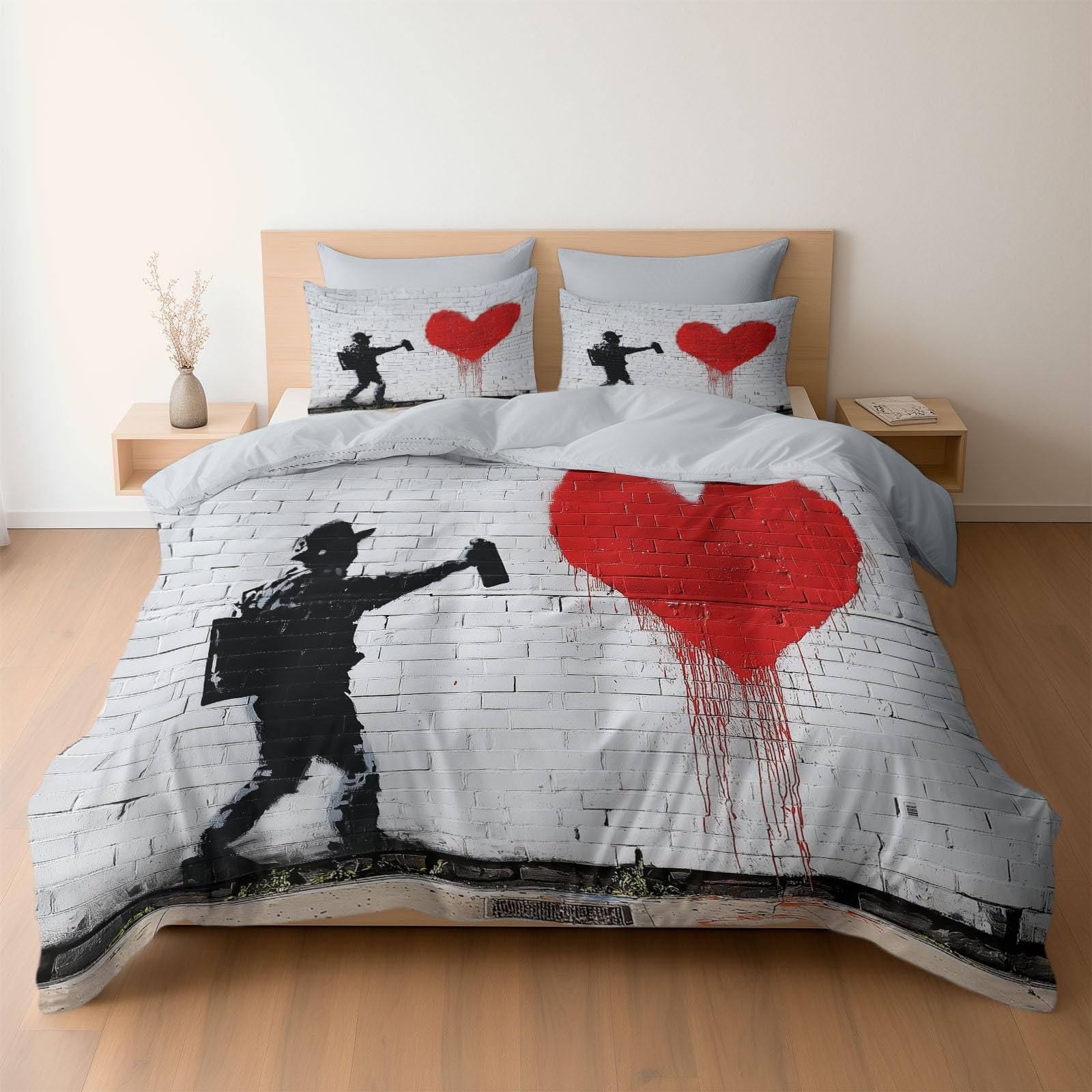 Parure de lit 220x240 cm gris pop art moderne avec 2 taies d'oreiller silhouette coeur