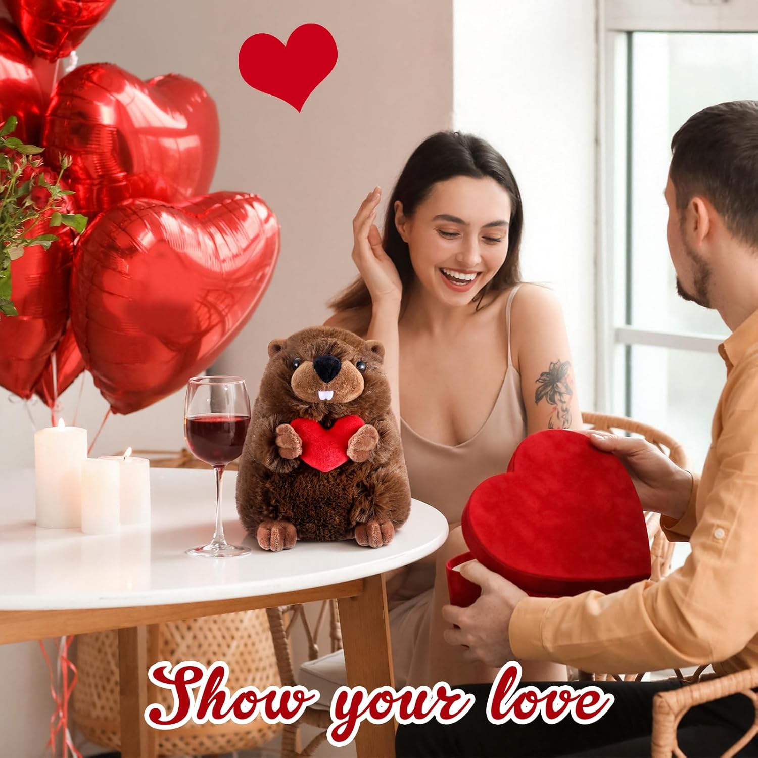 Valentines Beaver Stuffed Animal 8 Inch Cute Brown Beaver Plush Gift with Holding Red Heart Stuff Valentine's Day Wedding Gifts for Her Girlfriend Boyfriend Couple Women Men Gift