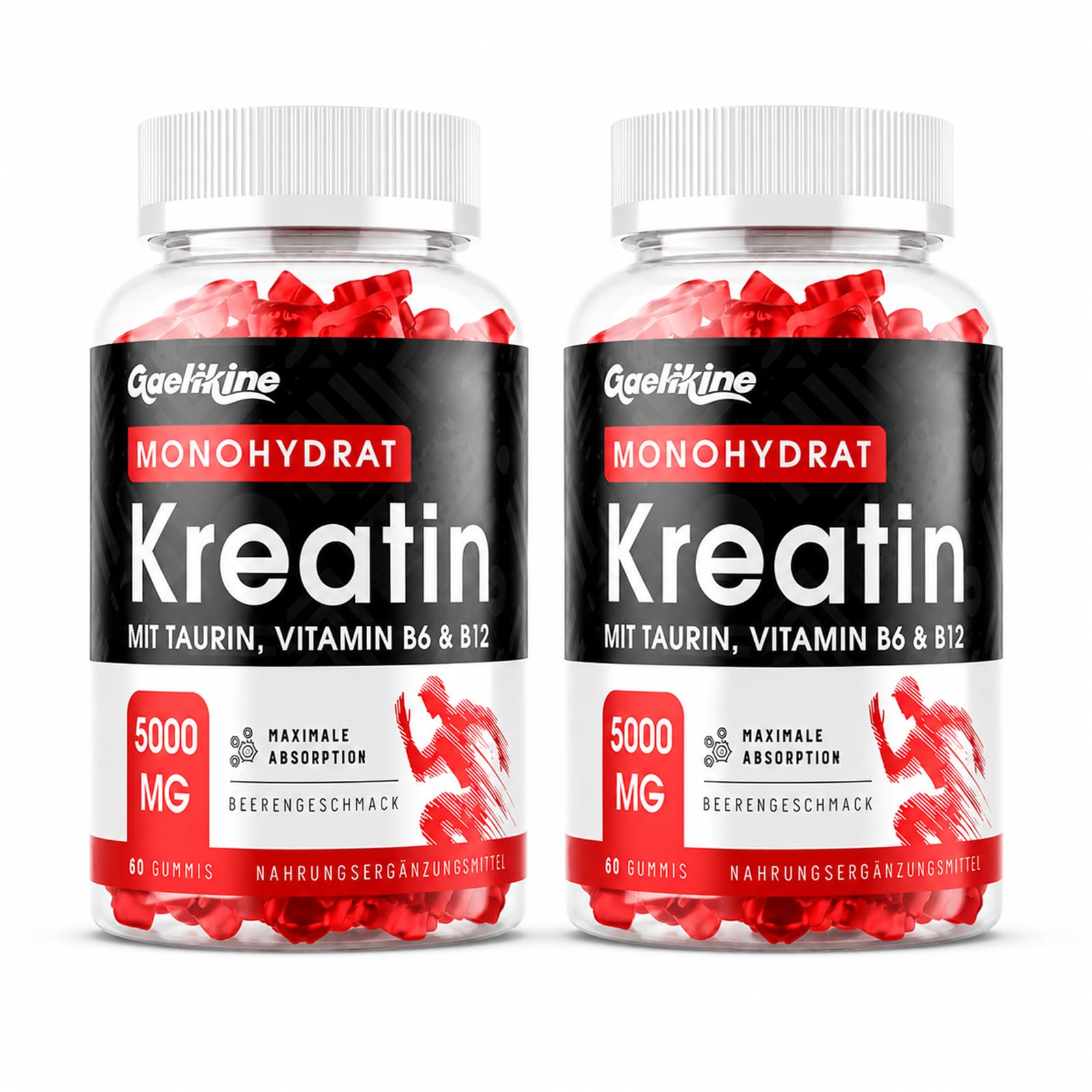Creatin Monohydrat Gummibärchen 5000mg, Hochdosierte Kreatin mit Taurin, Vitamin B12 & B6, Alternative zu Kreatin Kapseln & Pulver, Vegan, Beerengeschmack (60 Stück (2er Pack))