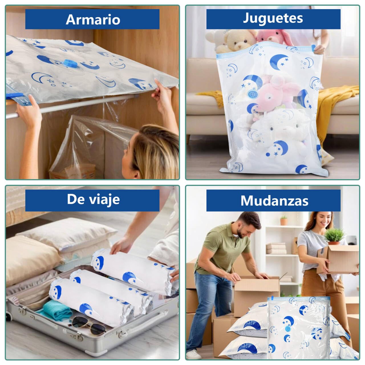 SZO Bolsas de vacío para ropa Edredones con bomba eléctrica 8 piezas (4 jumbo, 4 grandes) Viaje Desinflado Rápido Ahorro de espacio para ropa Edredones Ropa de cama Almohadas