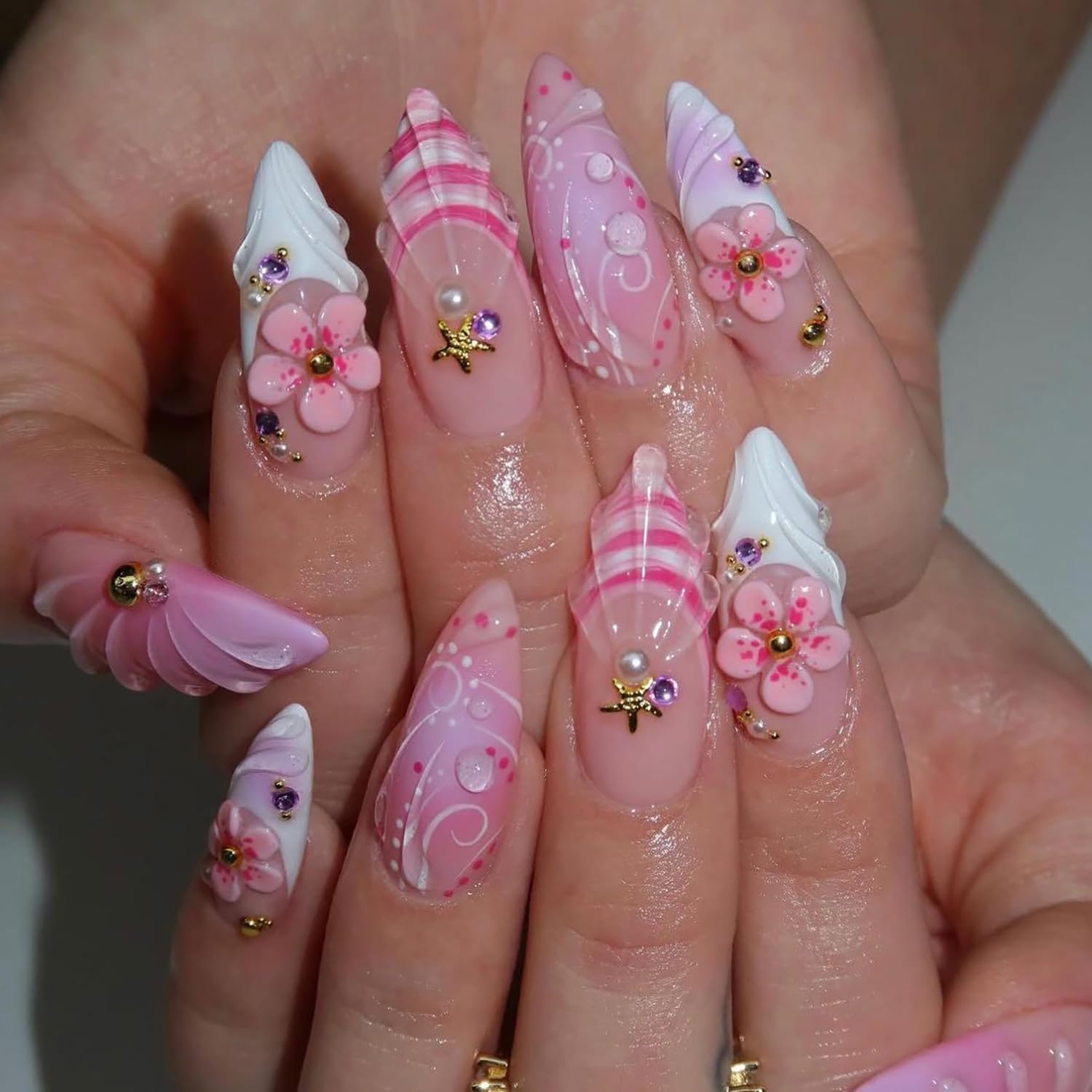 Medium Press On Nails Almond Fake Nails French Pink False Nails With Gold Sea Star Pearl Designs 3d Flower Nails Press Ons Full Cover Glue On Nails Stick On Nails For Women 24Pcs