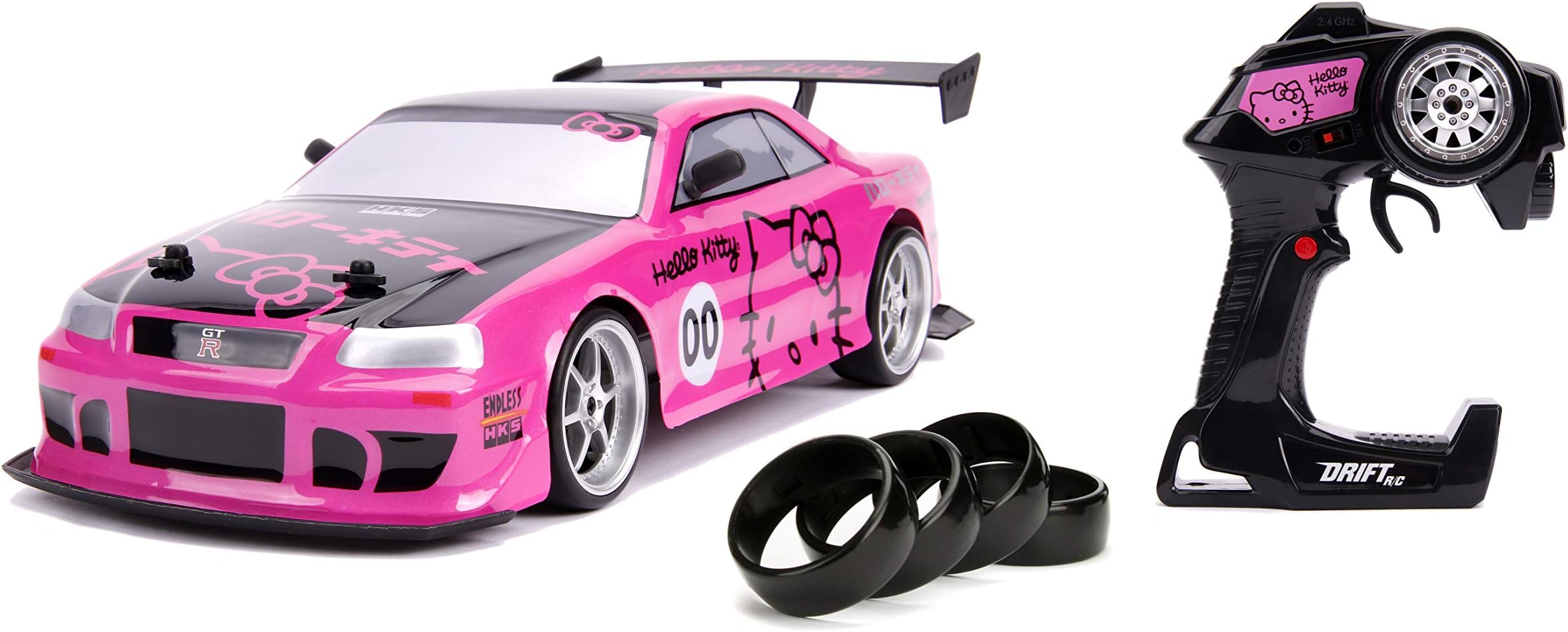 Jada Toys Hello Kitty Nissan Skyline GT-R (Bnr34) Drift Power Slide Elite R/C, USB Charging, with 4 Extra Tires, Pink