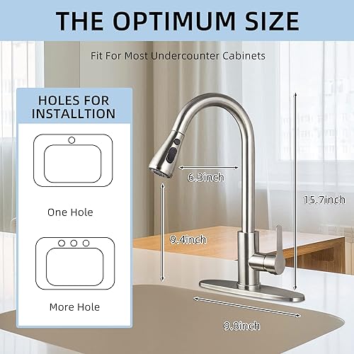Miniatura 6 de CILAIXI Grifo de fregadero de cocina para utilidad, grifos de cocina modernos con rociador extraíble, grifo de níquel cepillado (3 agujeros