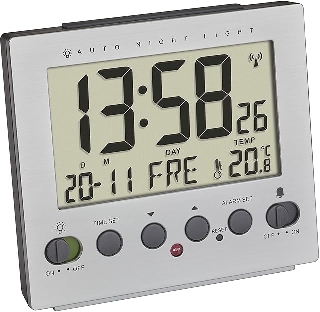 TFA Dostmann Digital, 60.2561.55, Automatic Night Lighting, Radio Alarm Clock, Temperature, Day and Date, Aluminium Look, Silver, (L) 99 x (B) 90 x (H) 42 mm