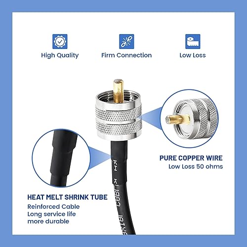 Miniatura 5 de Anina Cable coaxial PL259 CB de 15 pies macho Cable coaxial macho de cobre puro RG58 UHF Conector de extensión de cable para radioaficionado CB