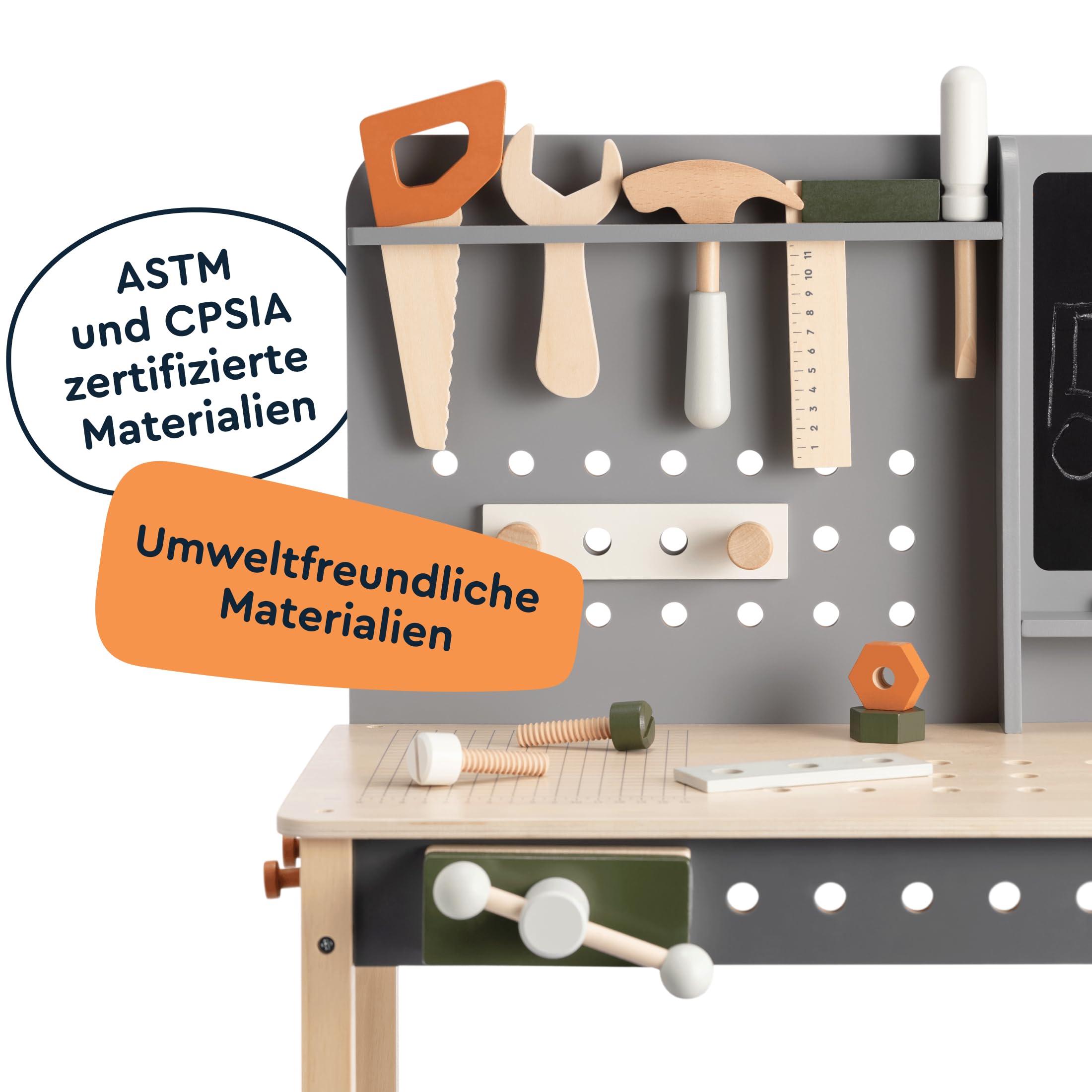 Holzwerkbank Spielzeug, Werkstatt mit 61 Teilen, Realistischen Werkzeuge, Schrauben, Mutter, Säge, Schraubendreher, Schutzbrille für Kinder ab 3 Jahre Junge