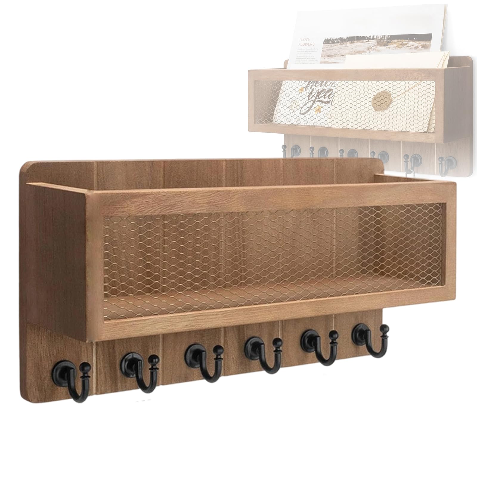 Nucelit Wooden and Mail Wall Organiser Display Shelf 6 Hooks Storage Hanger Rack for Living Space Well Organized Home Storage Rack