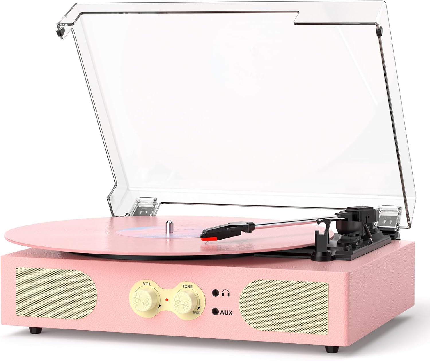 Vinyl Record Player with Built-in Speakers,3-Speed Vintage Turntable with Bass/Treble Control, Headphone Jack,RCA AUX Out, Belt Drive, Pink