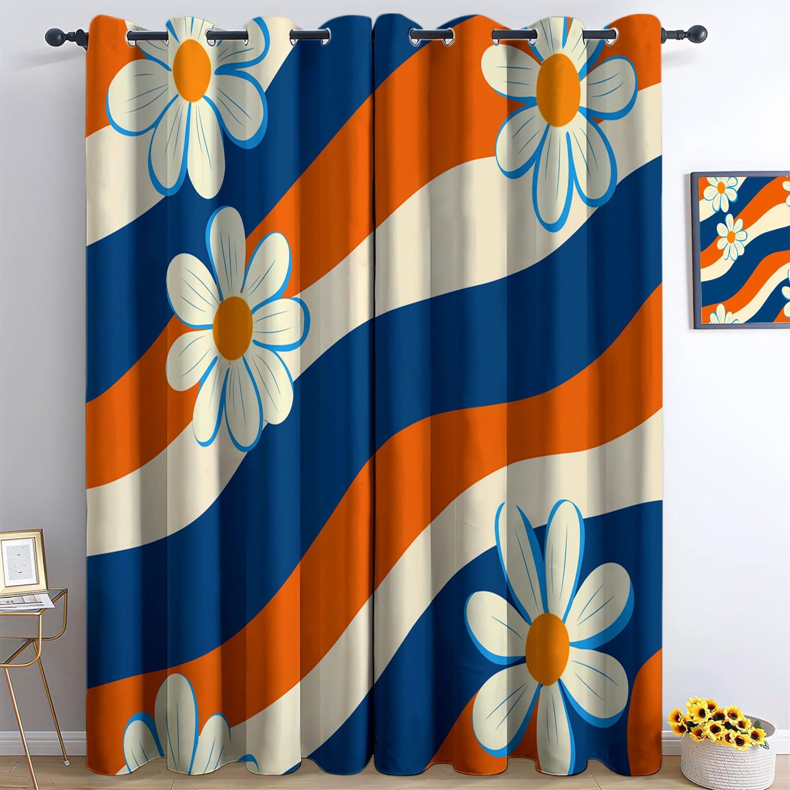 Rideaux occultants 140x245 cm lot de 2 isolants thermiques rétro orange bleu