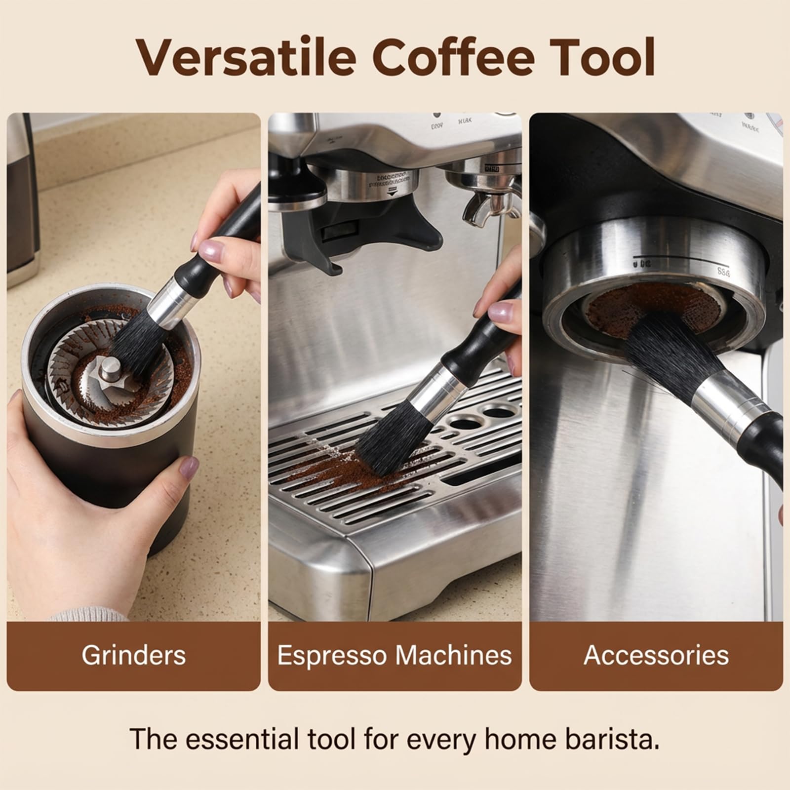 TIESOME Szczotka do czyszczenia ekspresu do kawy dla baristy, trwałe narzędzie do czyszczenia z ergonomicznym uchwytem, drewniana szczotka woskowa do ekspresów do espresso i młynków do kawy (czarna)