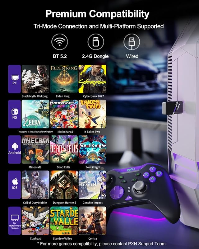 PXN P5 8K Vezeték Nélküli Kontroller - 2.4G, 8K-Chip, 2000Hz, Kapacitív Joystick, Hall-Trigger, Turbó és Makró Funkció PC/Switch/Steam Deck/