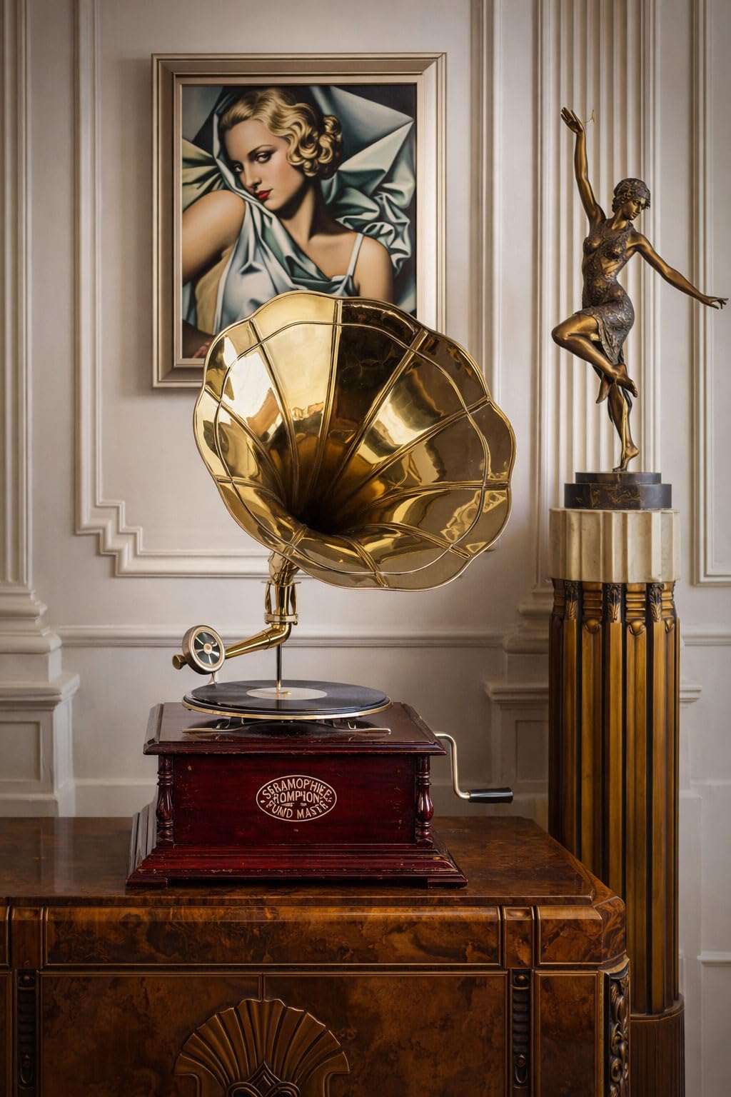Trichter Grammophon „His Masters Voice“ – Vintage Musikgerät im Stil der 20er aus Holz & Messing, voll funktionsfähig mit Handkurbel, inkl. Schellackplatte & Ersatznadeln,Deko & Abspielgerät
