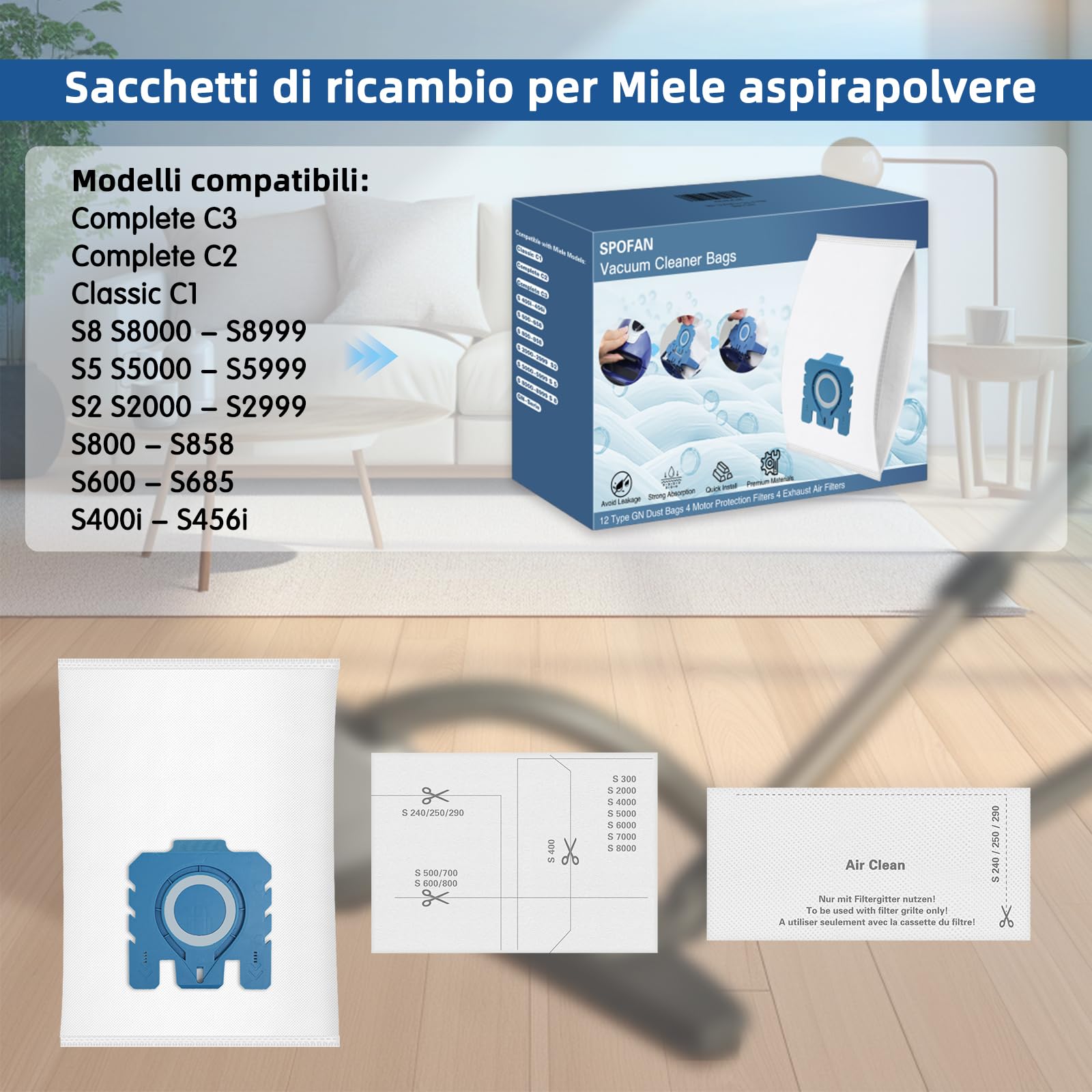 12 Sacchetti Hoover OWISUEE Compatibili Per Miele Aspirapolvere, Sacchetti GN Ad Efficienza 3D Per Classic C1, Complete C2, Complete C3, S8, S5, S2 Series (12 Pack 4 Filtri - Foto 6