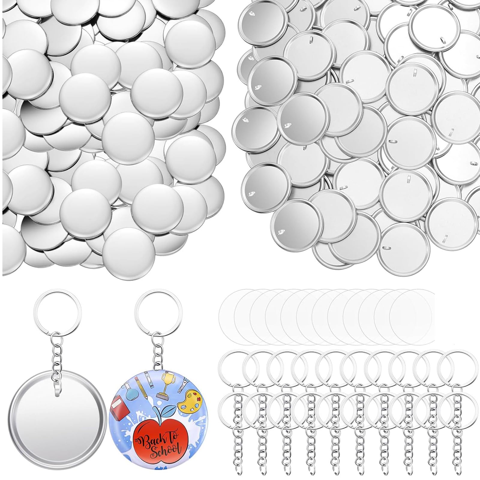 Lot de 100 badges de 58 mm et 100 porte-clés avec chaîne, accessoires de décoration