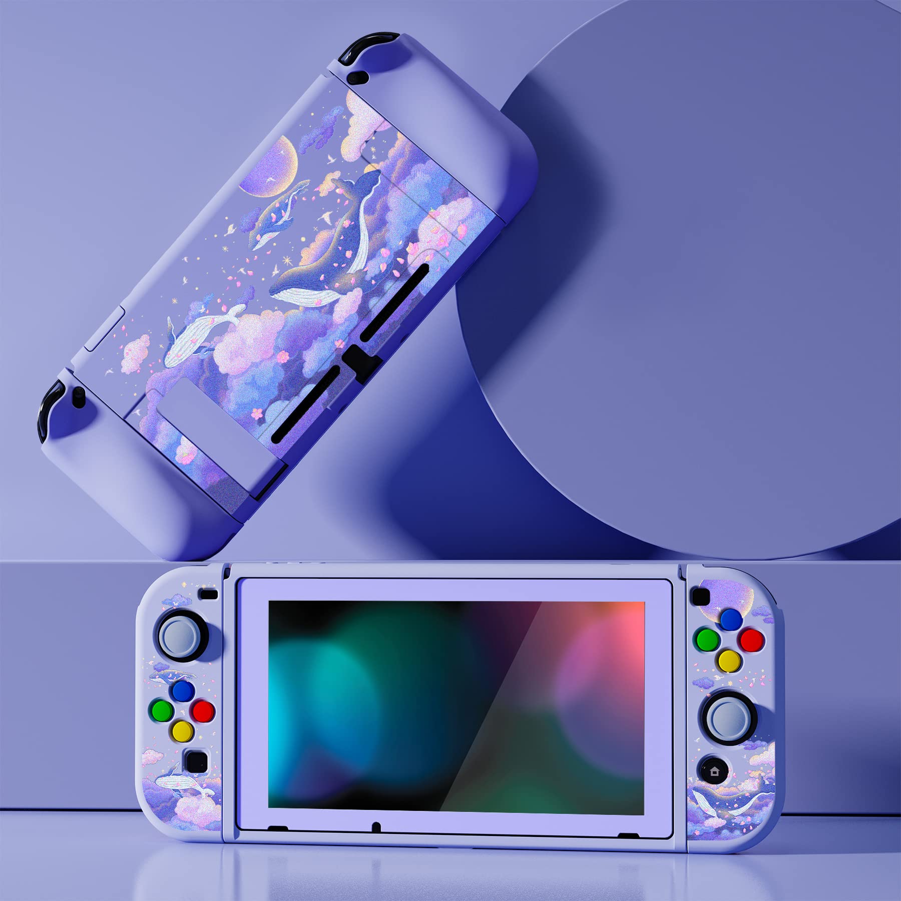 PlayVital ZealProtect Funda Protectora Suave para Nintendo Switch Accesorios Carcasa con Protector de Pantalla & Tapas de Agarre para el Pulgar & Pegatinas de ABXY Dirección Botón(Ballena en Sueño)