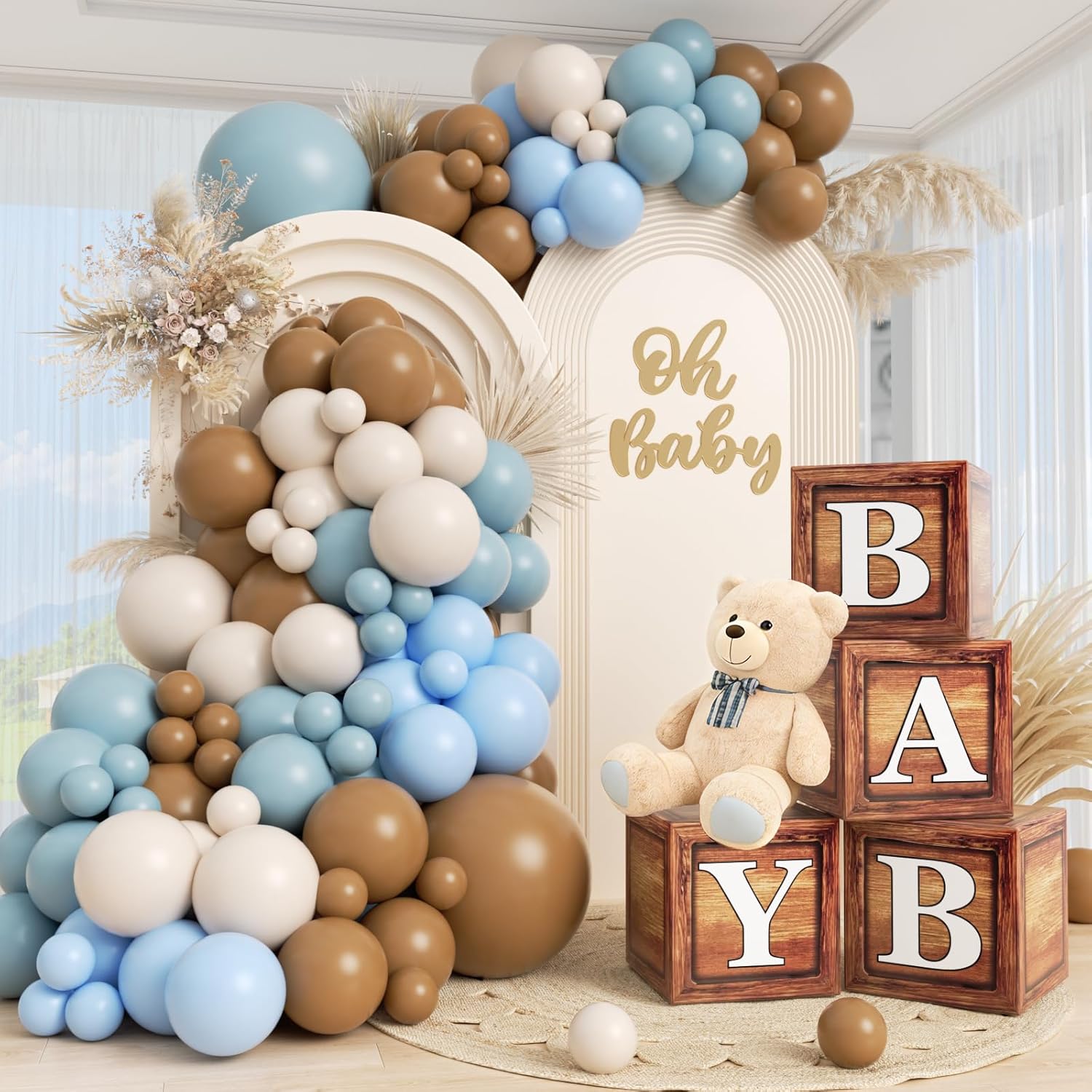 Blue Bear Baby Shower Decorations, Dusty Blue and Brown Balloon Arch Kit With Wood Grain Baby Boxes for Bear Party Baby Shower Gender Reveal Birthday Party Decorations Supplies