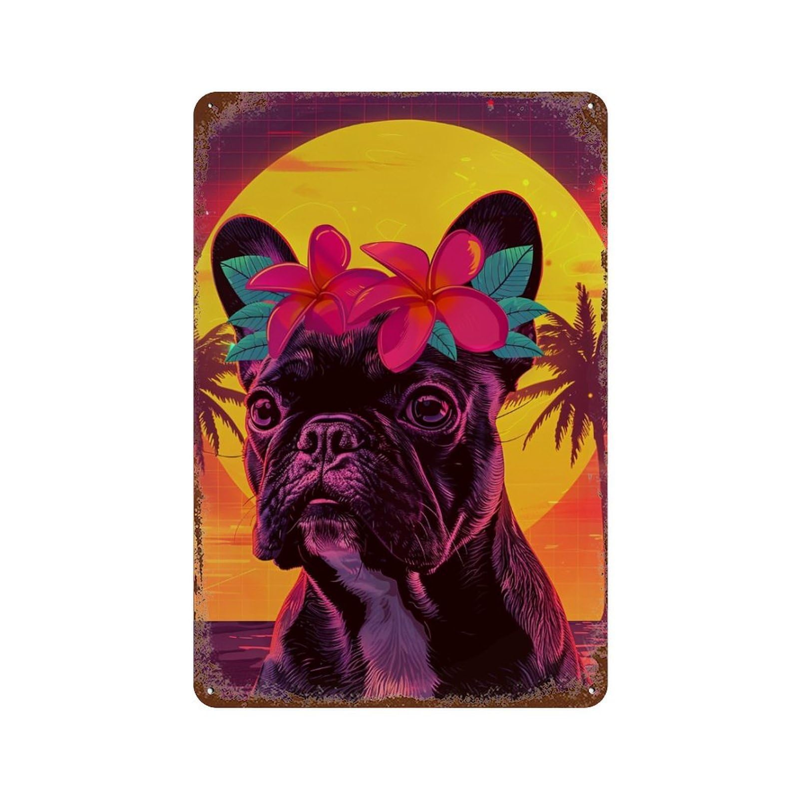 Decorative Tin Sign with Neon Sunset Pug with Flowers Design 11.8"x7.9", for Basement, Hobby Room And Garage Decor, Farmhouse Wall Decor