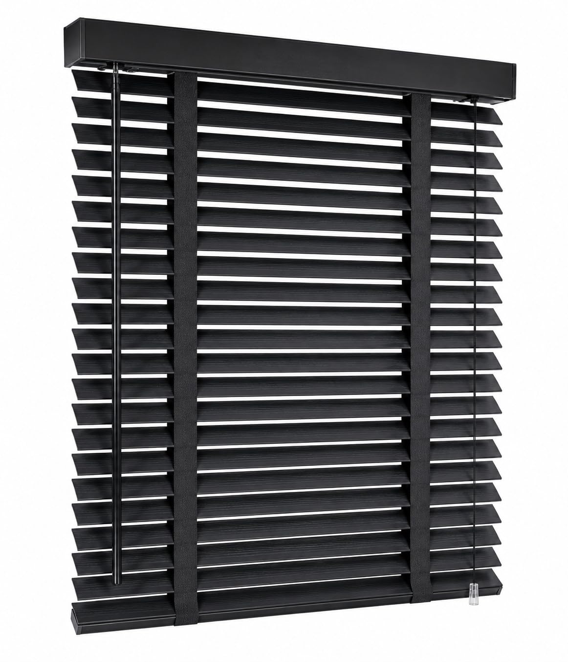Venetian Faux Wood Blind Woodgrain Effect With TAPE Ladder 50mm Slats Trimmable Fauxwood Easy Fit Blinds for Home Kitchen Garage Campervan Caravan Light Control Black (75w x 150L cm)