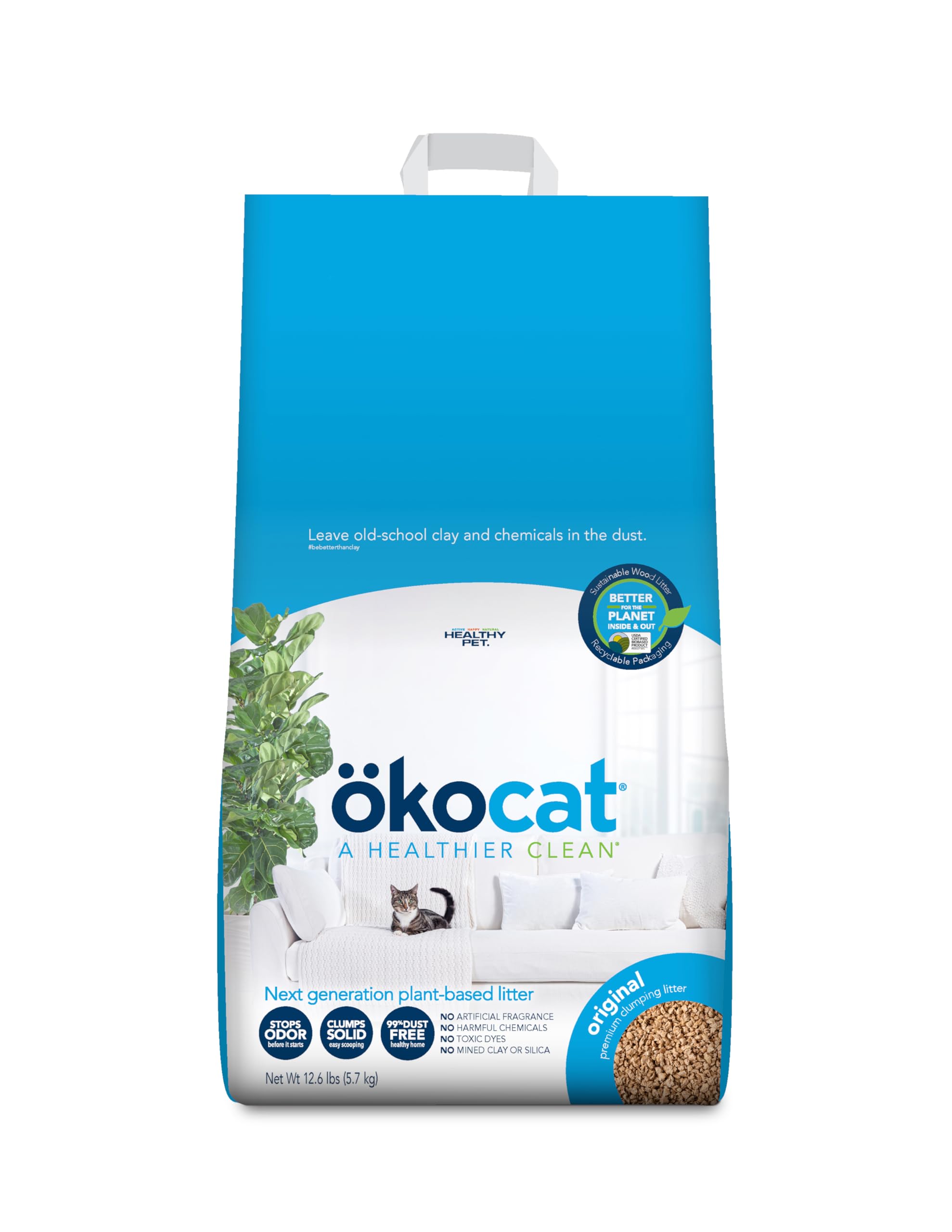 ökocat Original Wood Clumping Cat Litter, Unscented, 12.6 pounds - Natural Ingredients, Stops Odor, Clumps Solid, 99% Dust Free, Great for All Cats