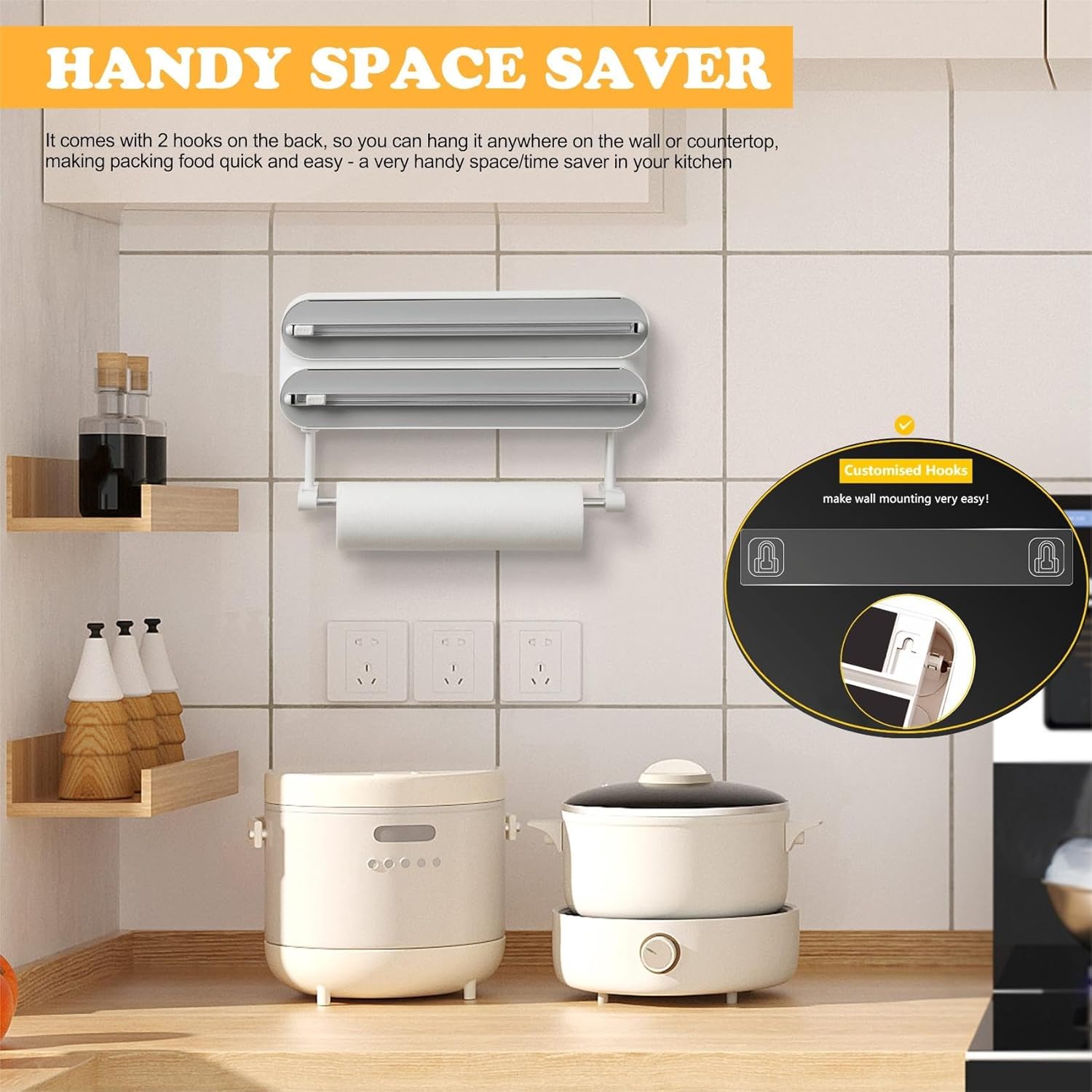 Magnetic Plastic Wrap Dispenser with Cutter - Refillable Aluminum Tin Foil and Plastic Wrap Organizer for Kitchen, Quasziwa Upgraded 3 in 1 Paper Towel Holder Wall Mount - Fits 12" Roll, White