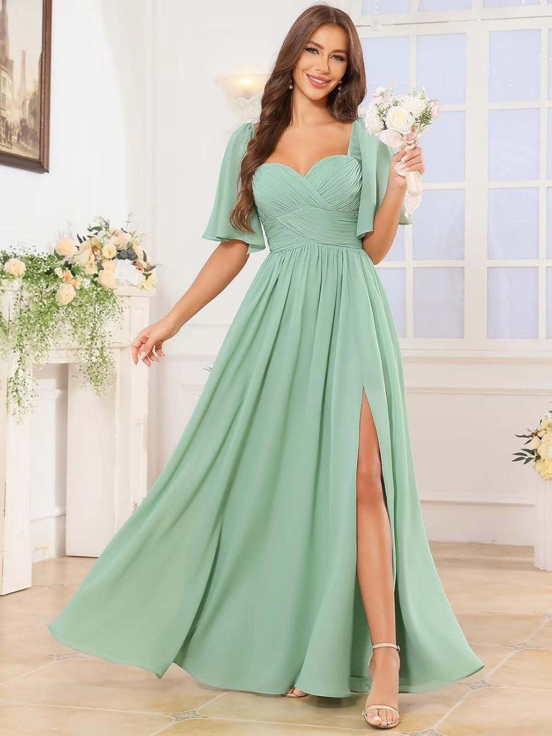 Mollyevers Chiffon Bridesmaid Dresses for Women Flutter Sleeve Long Sweetheart Formal Evening Dress with Pockets