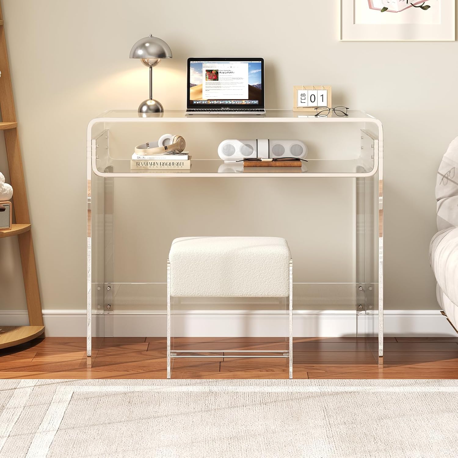 Vanity Stool Chair, Soft Ottoman with Clear Acrylic Legs, Modern Padded Seat Footstool for Entryway, Hallways, Bedrooms and Living Room (White)