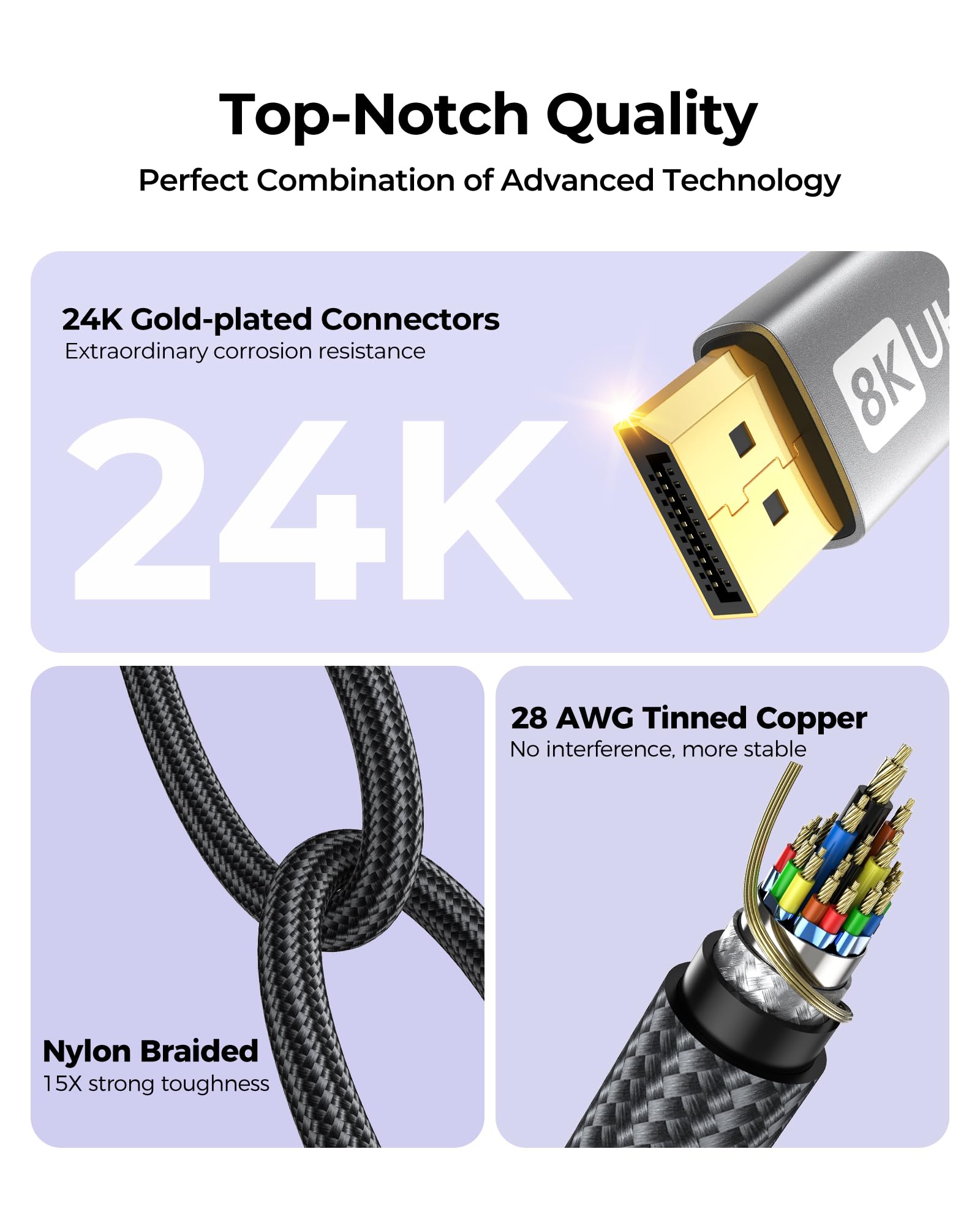 Silkland Kabel DisplayPort 1.4 3M [certyfikat VESA], 4K@144Hz, 2K@240Hz/180Hz/165Hz, 8K@60Hz, HBR3 32.4Gbps, HDR, DSC 1.2, HDCP 2.2, G-Sync&FreeSync, Kabel DP 1.4 do Gaming-Monitor, Karty Graficznej