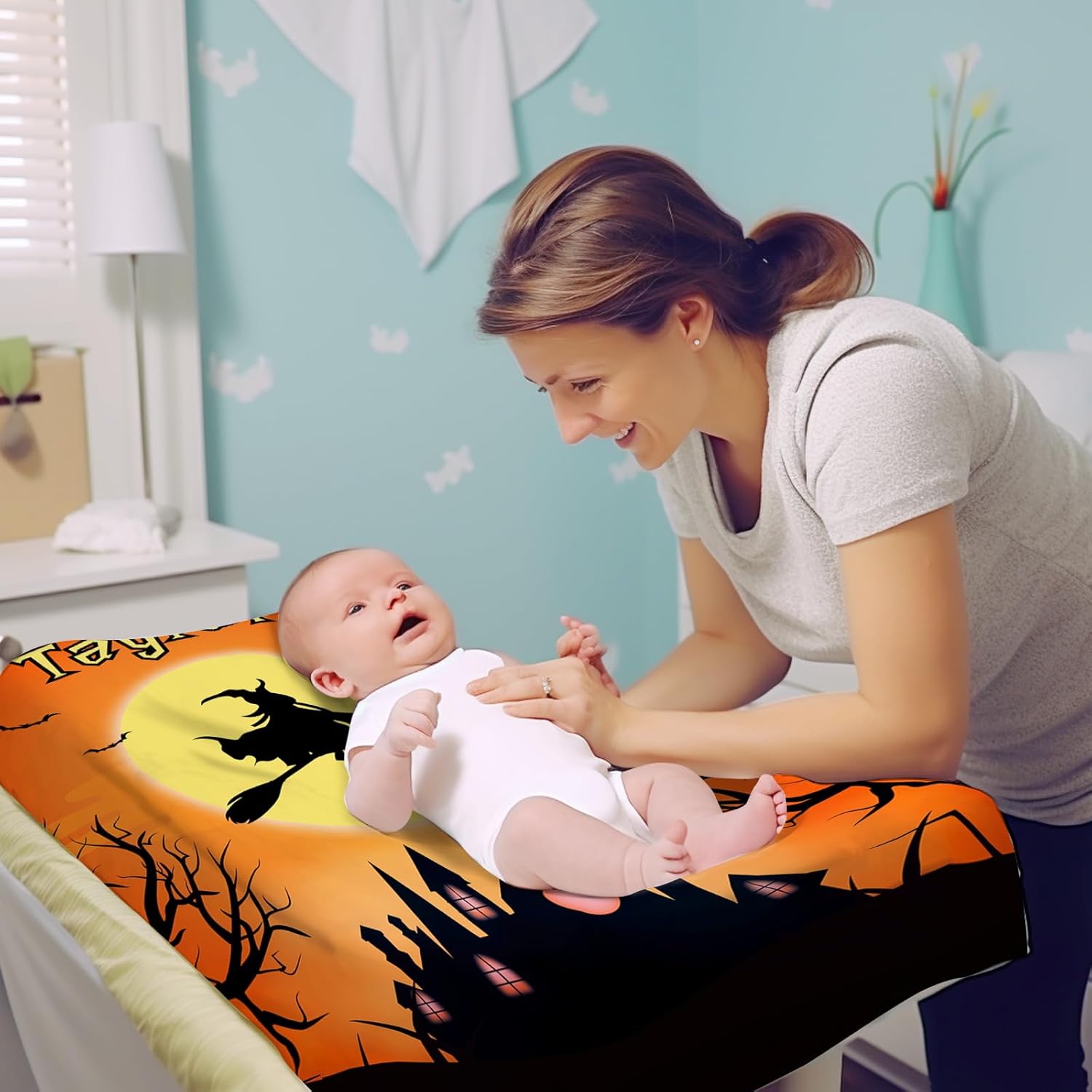 KAINSY Personalized Halloween Changing Pad Cover, Custom Diaper Change Table Sheets with Name, Witch Print Soft Jersey Knit Change Table Sheets for Toddler, 2 Pack Changing Pad Covers (16" x 32")