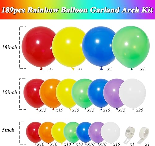Miniatura 2 de RUBFAC Kit de arco de guirnalda de globos arcoíris de 189 piezas, 7 globos de látex multicolor surtidos de 51018 pulgadas para decoración de fiesta