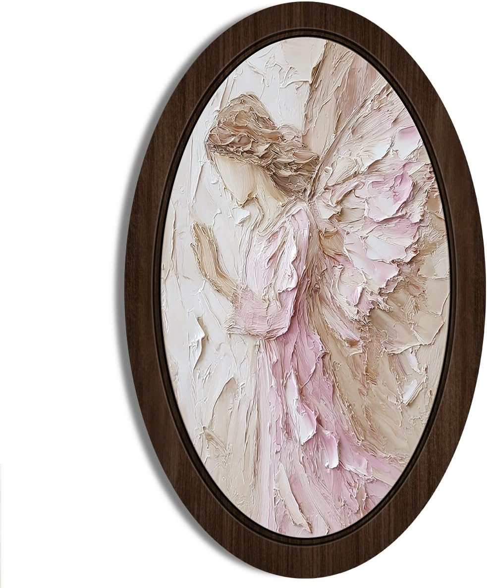 BIWSHA Vintage Pink Angel Oval Wall Art Decor, Girly Preppy Pink Framed Wooden Wall Art Hanging Decor for Girl Bedroom College Dorm Living Room Decor, 10.2x15.7 Inch