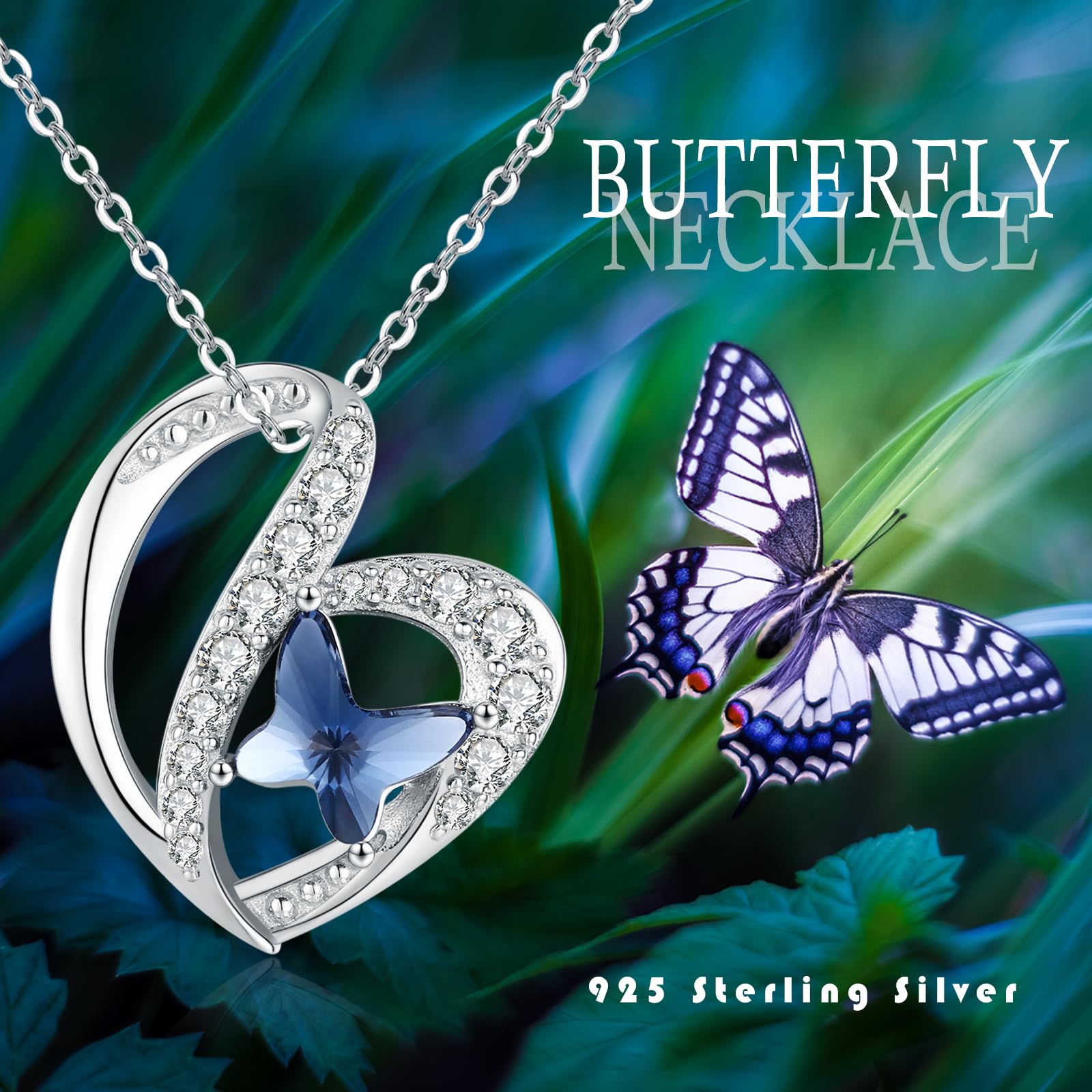 TANGPOET Cadena Collar de mariposa de plata de ley 925 con colgante de mariposa de cristal, joyería de cumpleaños para mujeres y niñas, Plata esterlina