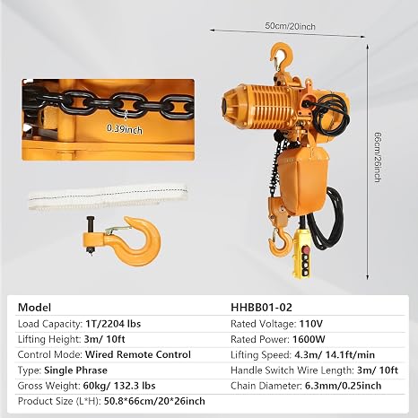 1 Ton Electric Chain Hoist Single Phase 2204Lbs 10ft Lift Height Double Chain with Electric Hook Lift Ceiling Mount Pulley Electric Winch G80 with Wired Controllerler 110V for Warehouse Factories