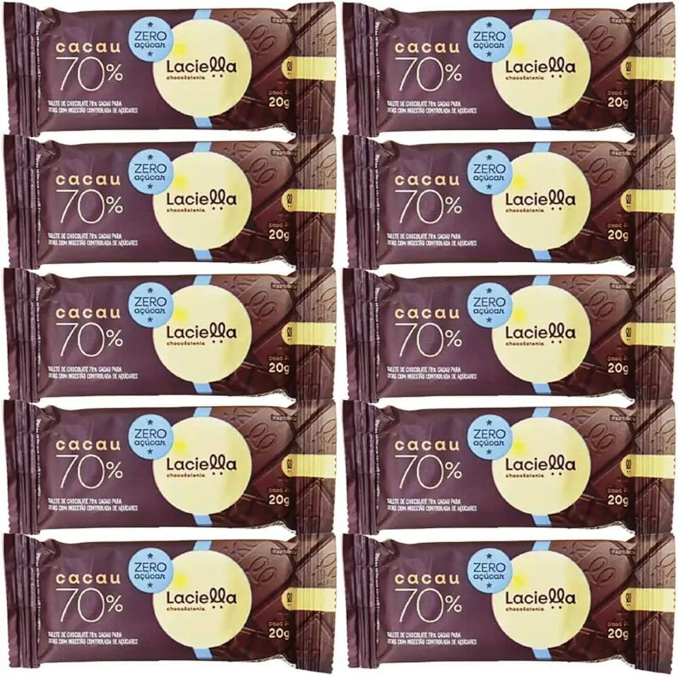Kit 10 Unidades de Chocolate 70% Cacau Zero Açúcar Zero Lactose de 20g cada - Laciella