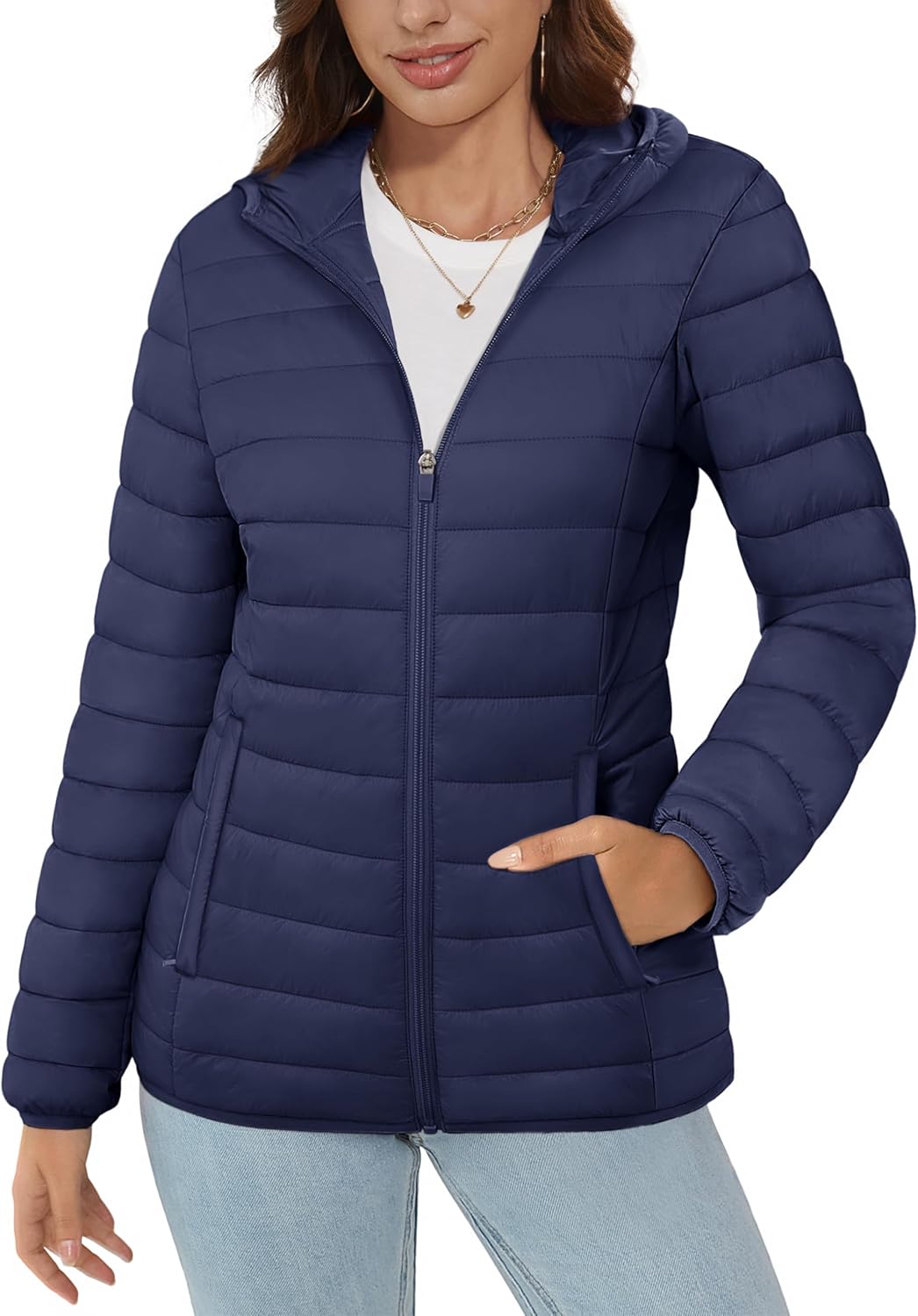 MAGCOMSEN Women's Hooded Puffer Jacket Lightweight Quilted Padded Coat 4 Pockets Zip-up Winter Warm Outerwear
