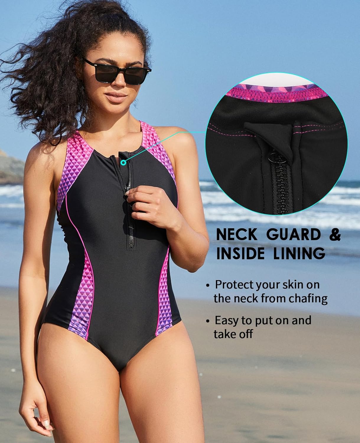 beautyin Women Front Zip One Piece Swimsuit Athletic Racerback Lap Bathing Suit - Image 4