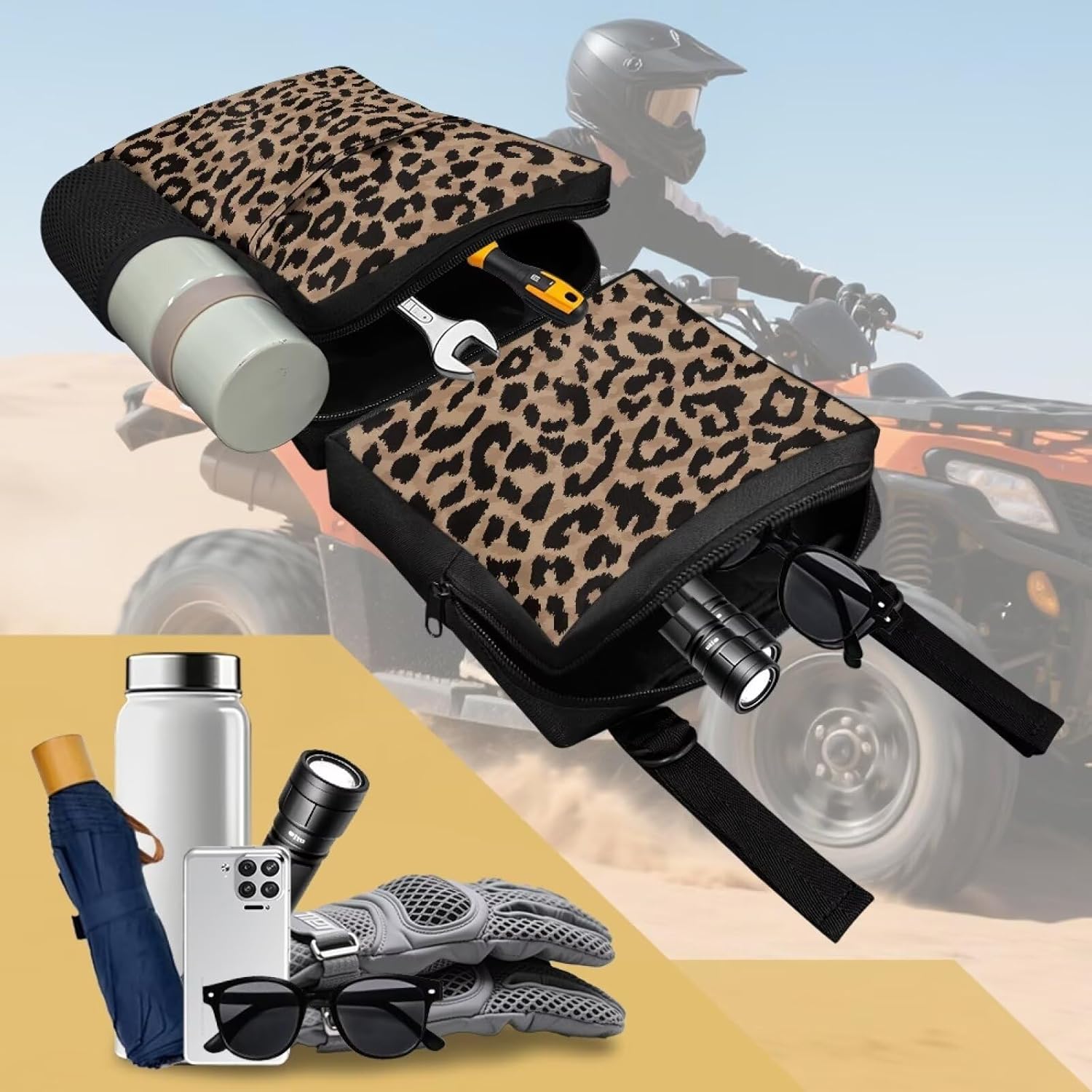SEANATIVE Brown Leopard ATV Fender Bag Cargo Storage Bag 2 Pcs for Front and Rear Fender Beside Tank Rack – Durable UTV Accessories for Roll Cage and Bar Gear Organizer