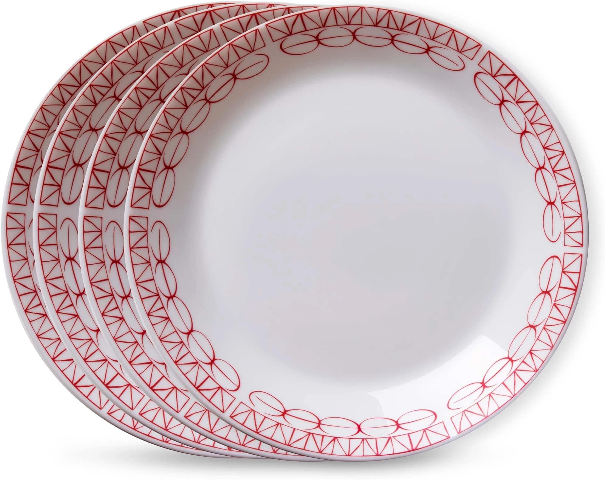 Corelle Everyday Expressions 4-Pc Salad Plates Set, Service for 4, Durable and Eco-Friendly 7-1/2-Inch Plates, Higher Rim Glass Lunch Plate Set, Microwave and Dishwasher Safe, Geometrica