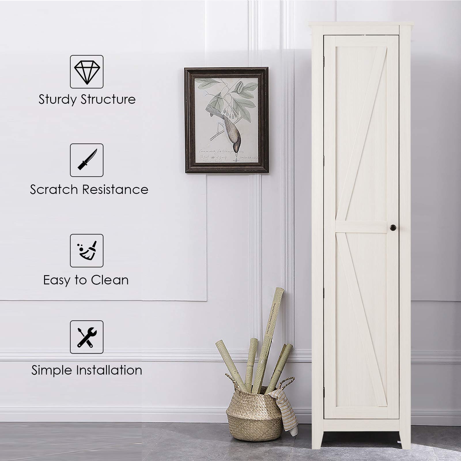 GIANTEX Armadietto alto da 183 cm, armadio stretto per bagno con 1 porta e 4 ripiani, armadio per la conservazione per cucina, soggiorno e bagno, armadio da cucina indipendente (Bianco)