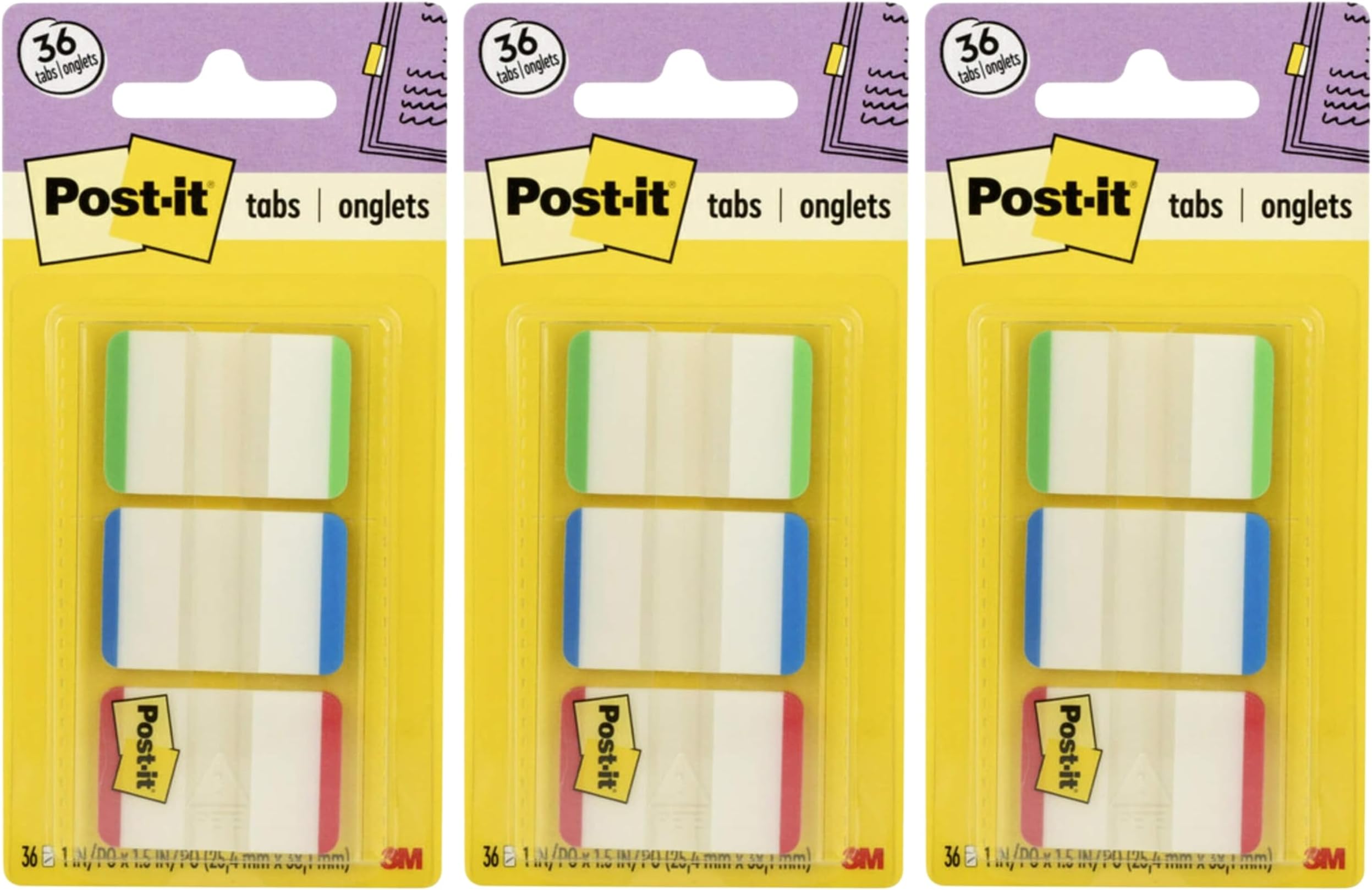 Post-it Tabs with On-The-Go Dispenser, 1-Inch Lined, Green, Blue, and Red, 12-Tabs/Color, 108 tabs/Dispenser