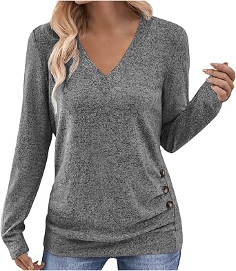 Womens Long Sleeve Tunic Tops Fall Casual V Neck Pullover Tshirt Fashion Side Button Basic Solid Bottoming Shirts