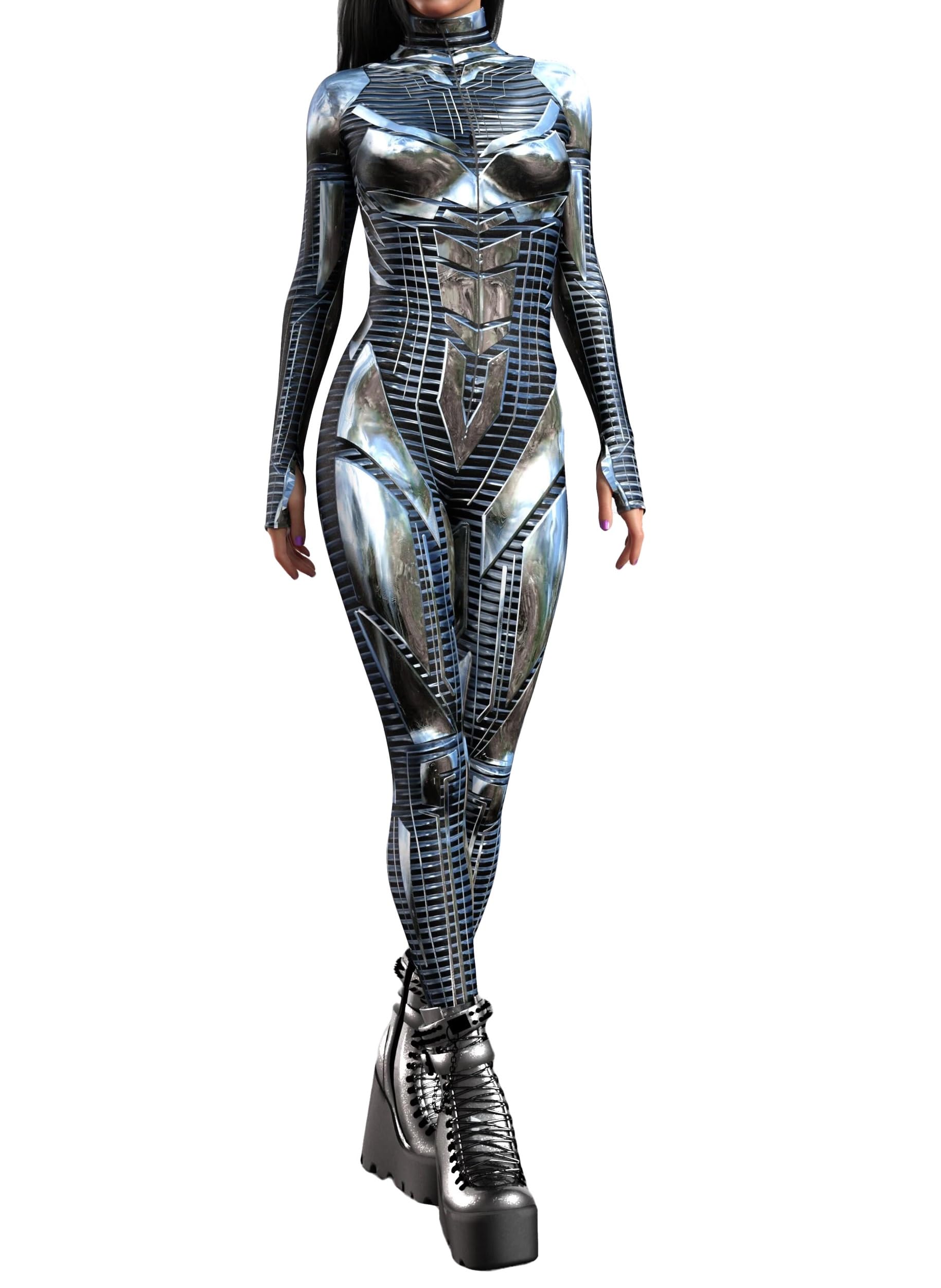Cybernetic Warrior Bodysuit Women Sci-Fi Chrome Armor Cosplay Costume Futuristic Party Jumpsuit with Hidden Zipper