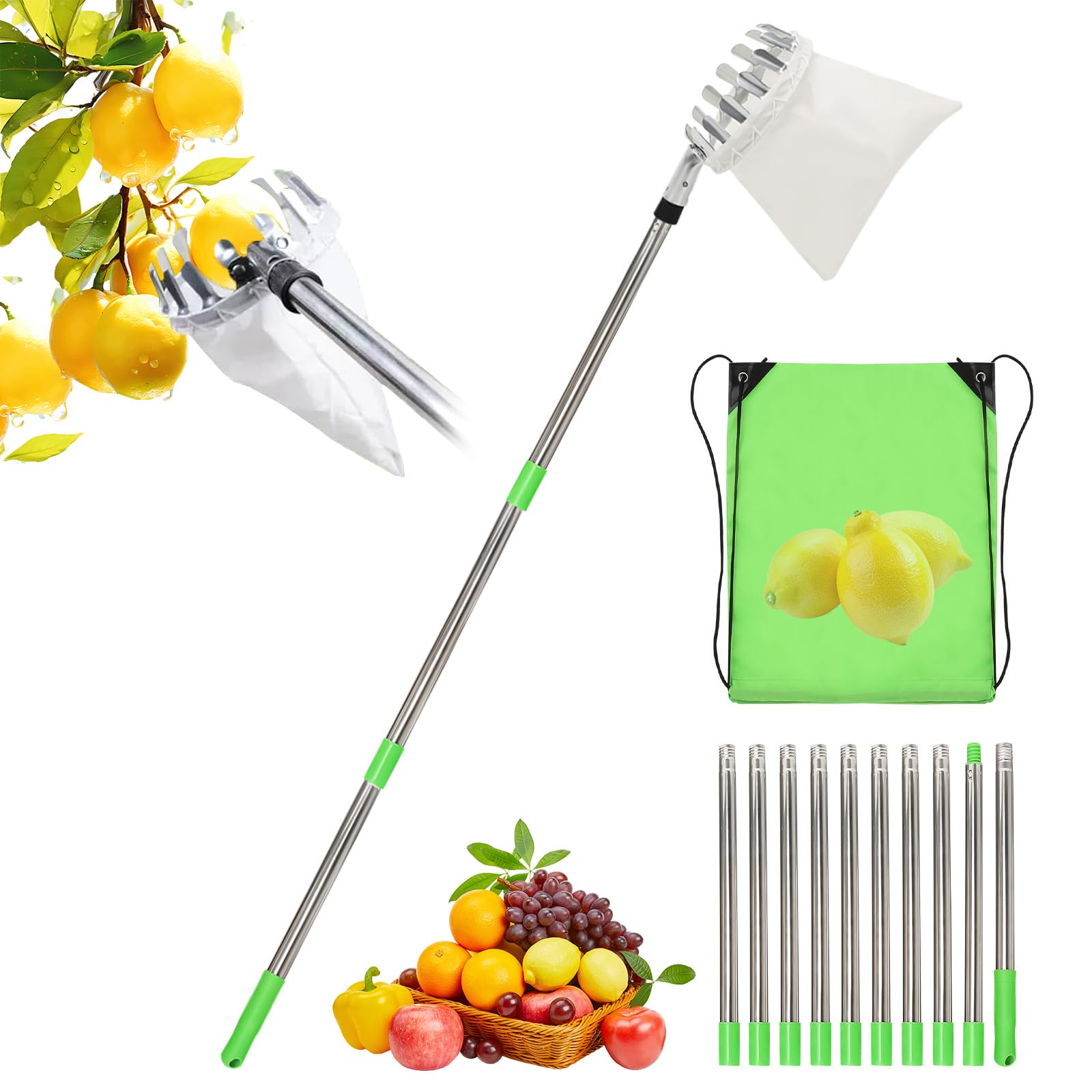 4M Cueille Fruit Telescopique, Ramasse Pomme INOX et Sac de Rangement, Cueille Pommes, Ramasse Fruits, Cueille Poires Cerise Réglable pour Pommes Poires Oranges Pêches Cerises