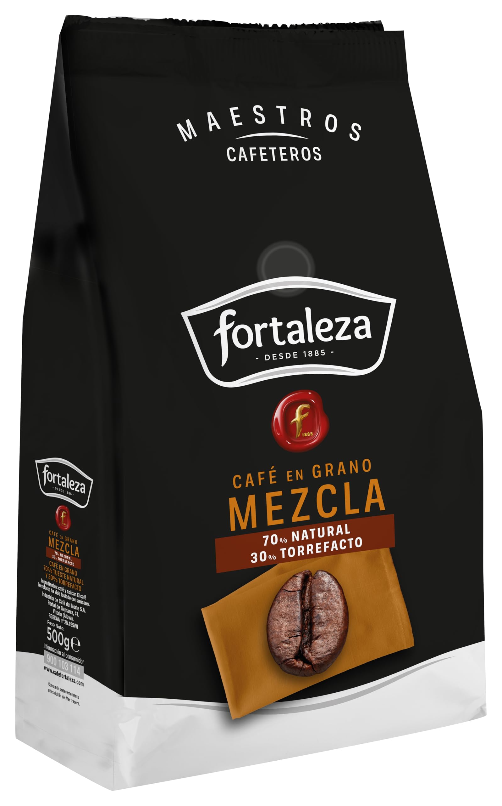 CAFÉ FORTALEZA Café en Grano 500g x 6 - Total 3KG - 70% Tueste Natural y 30% Torrefacto - Café con Matices de Vainilla y Caramelo Intensidad Alta 10/13 -Arábica y Robusta con Sabor Intenso.