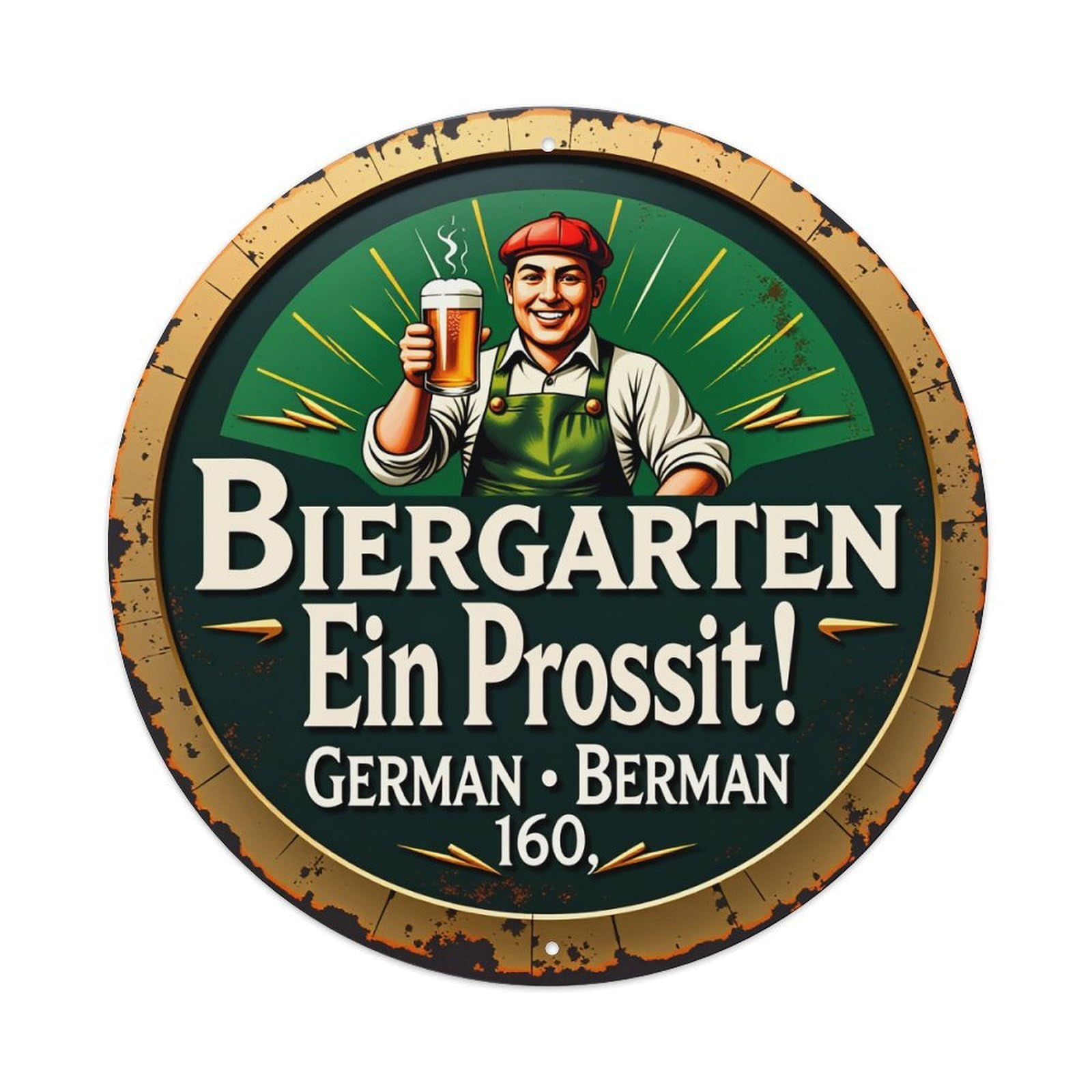 Lzwbntey Vintage Biergarten German Berman 160 Metal Tin Sign Retro Wall Decor For Home Bar Garage Cafe, Indoor & Outdoor Decorative，Circle Metal Poster, 8X8 Inch