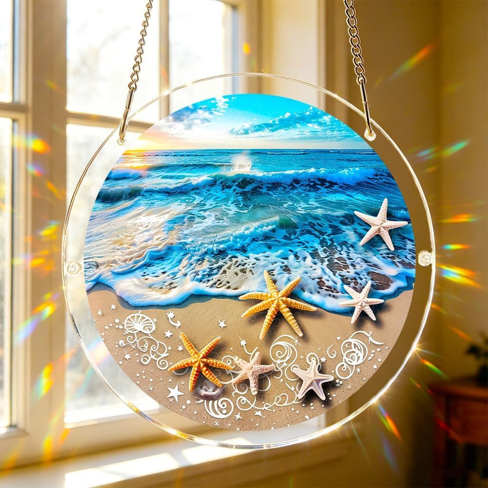 Ocean Beach Starfish Acrylic Jigsaw Puzzles Suncatcher, 8.2 Inch Window Hanging Suncatcher Acrylic Puzzle, DIY Home Decor Art Gift