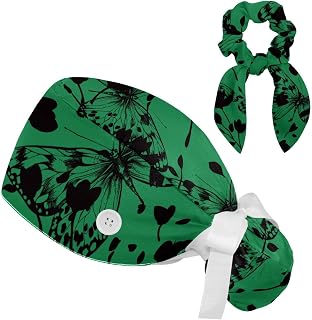 Set of 2 Bouffant Caps with Hairband Surgical Caps Scrub Cap, Butterflies Floral Flower