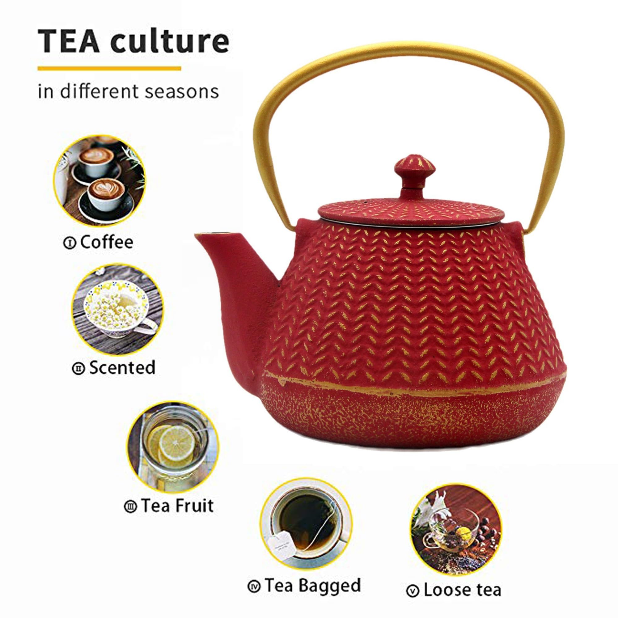 Tetera pequeña de hierro fundido para estufa, tetera roja recubierta con interior esmaltado, tetera duradera con infusor de acero inoxidable para hojas sueltas (1000 ml)